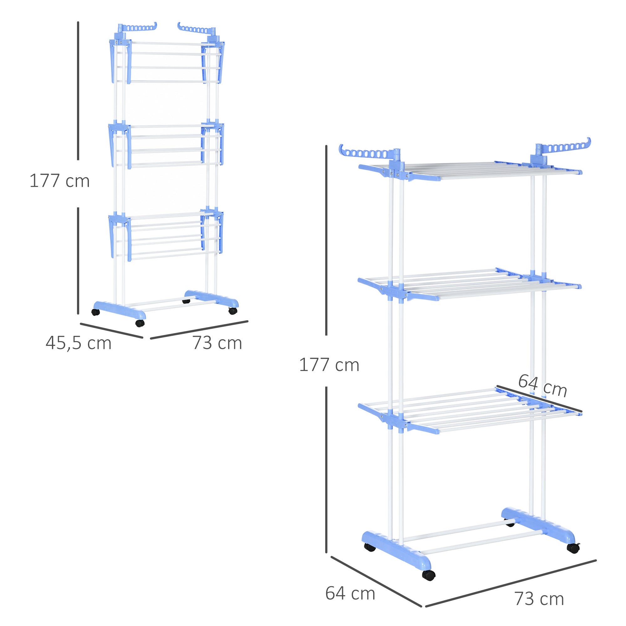 Clothes Rack Tower Clothes Stand with Wheels with 4 Levels Stand Dryer Extendable Clothes Tower for Indoor and Outdoor Steel Blue 73 x 45.5 x 177cm