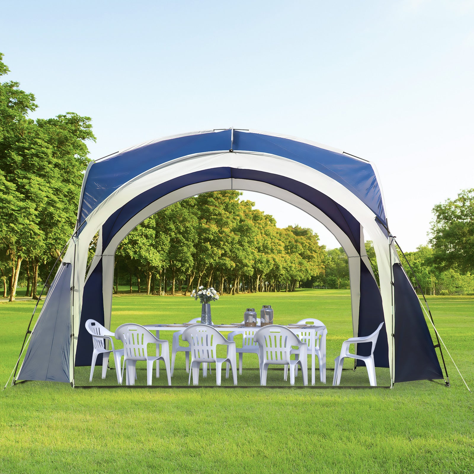 Event Shelter 3.5 x 3.5m Pavilion with Hook Door, Rain Protection with Sturdy Steel Poles, Garden Gazebo with UV Protection, Sunshade for Camping, Garden Festivals Blue