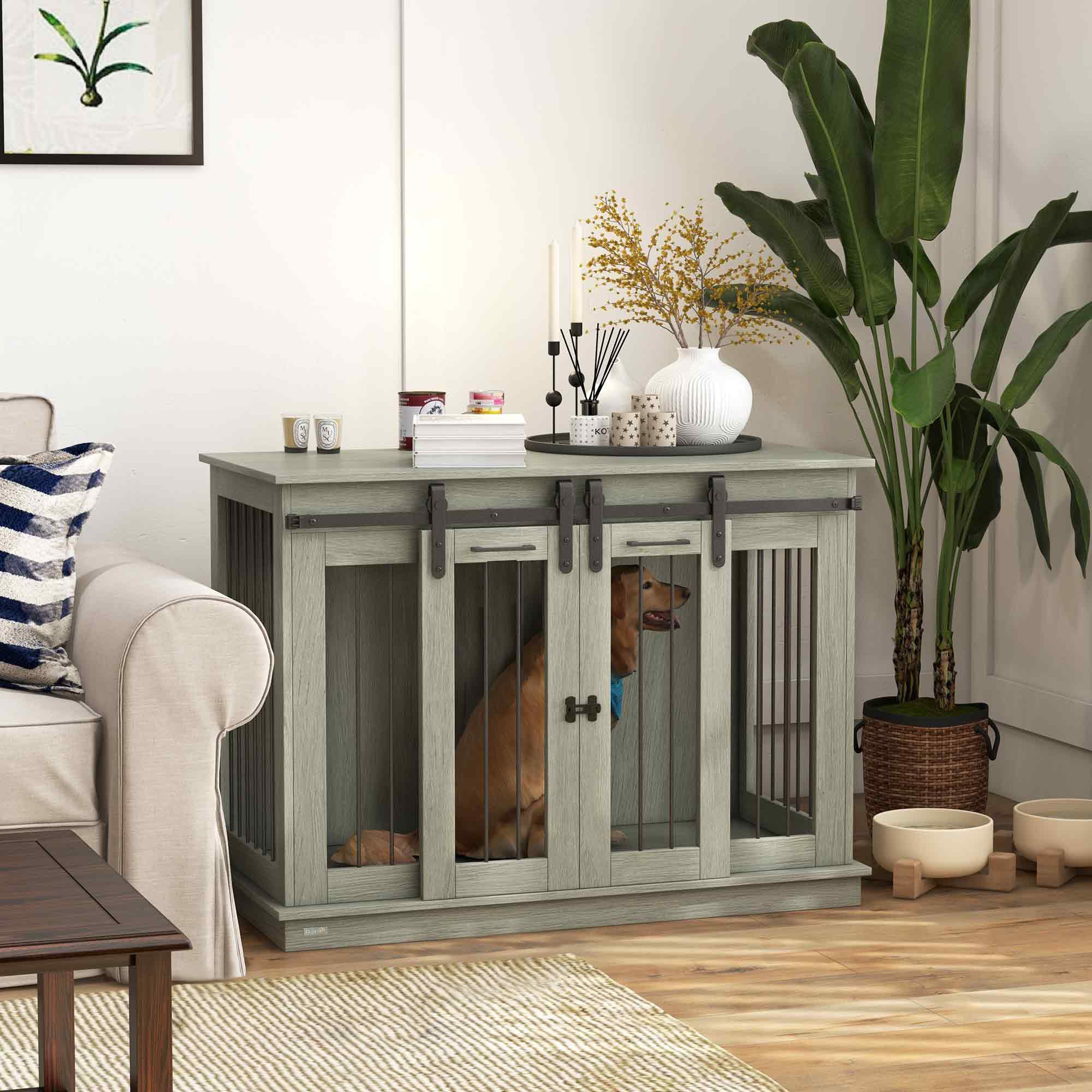 Dog Cage Furniture with Two-Room Option, 2 Doors Modern Metal Dog Box for Indoor Home, Doghouse for Large Dogs up to 30 kg, Doghouse 120 x 60 x 88.5 cm Gray