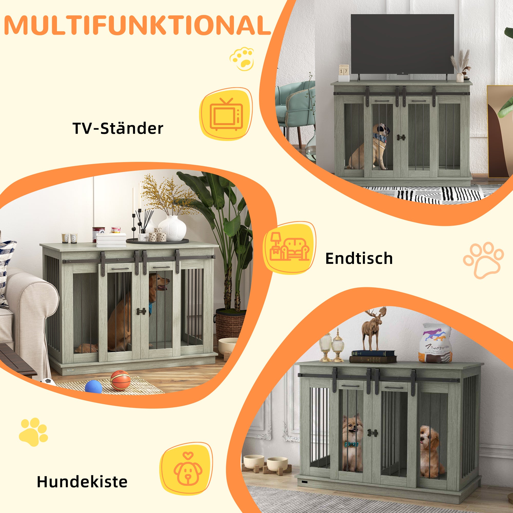 Dog Cage Furniture with Two-Room Option, 2 Doors Modern Metal Dog Box for Indoor Home, Doghouse for Large Dogs up to 30 kg, Doghouse 120 x 60 x 88.5 cm Gray