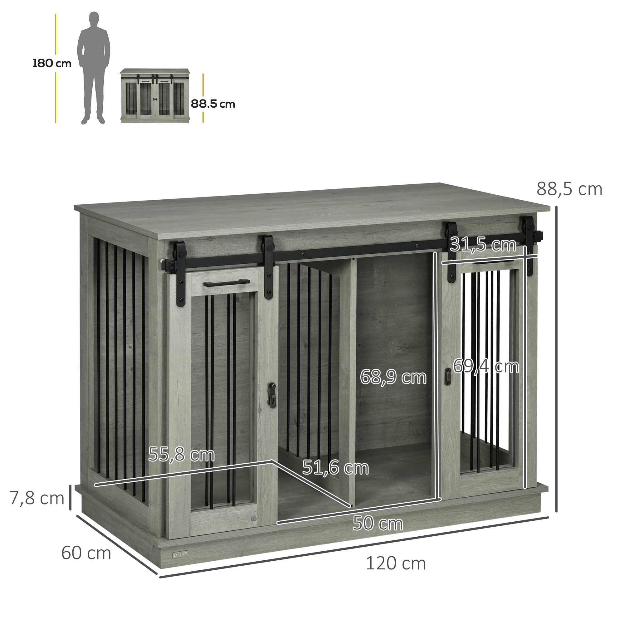 Dog Cage Furniture with Two-Room Option, 2 Doors Modern Metal Dog Box for Indoor Home, Doghouse for Large Dogs up to 30 kg, Doghouse 120 x 60 x 88.5 cm Gray