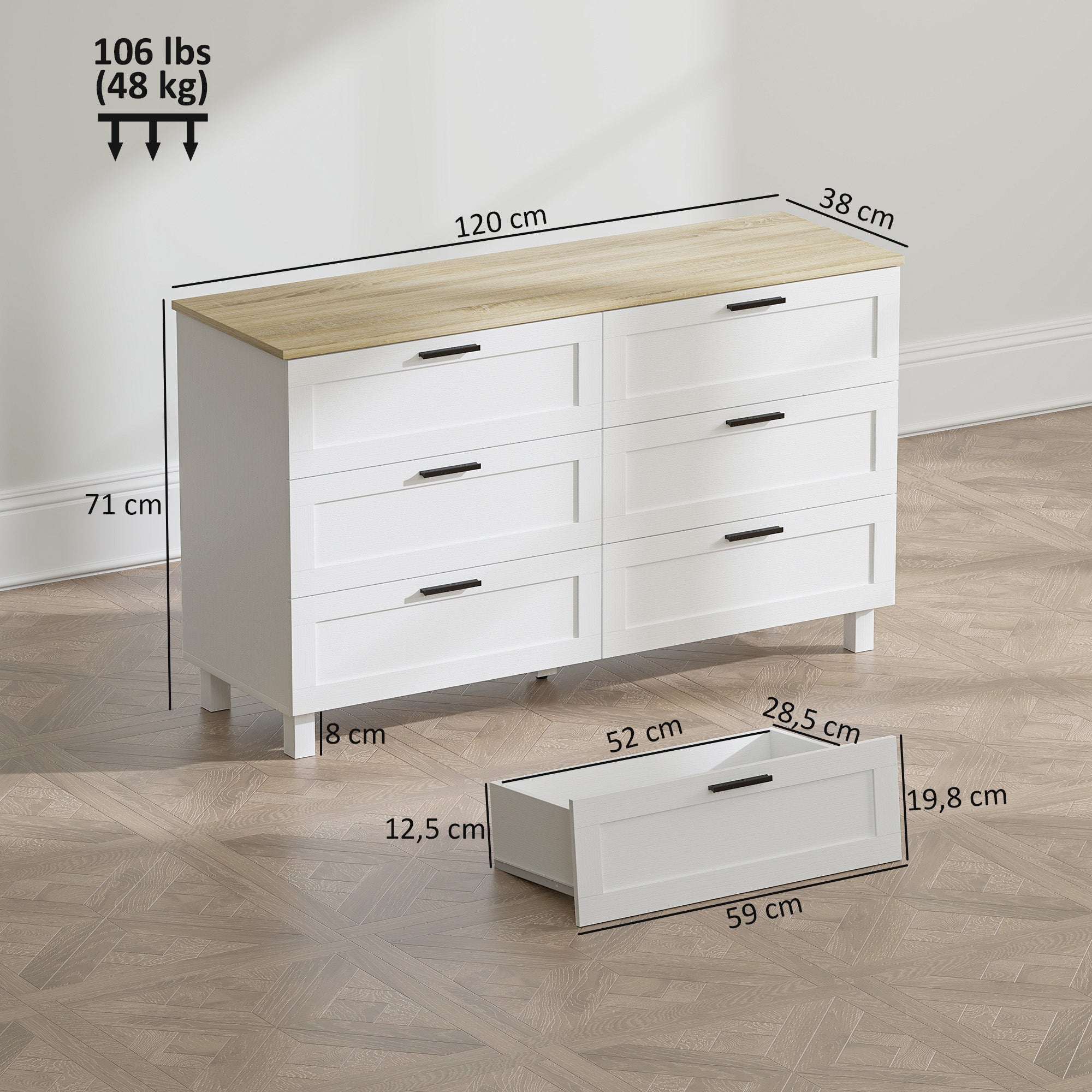 6-Drawer Dresser, Storage Cabinet with Pine Legs, Modern Style, for Bedroom, Living Room, Hallway, 47.2 x 15.0 x 28.0 in, Natural Wood & White