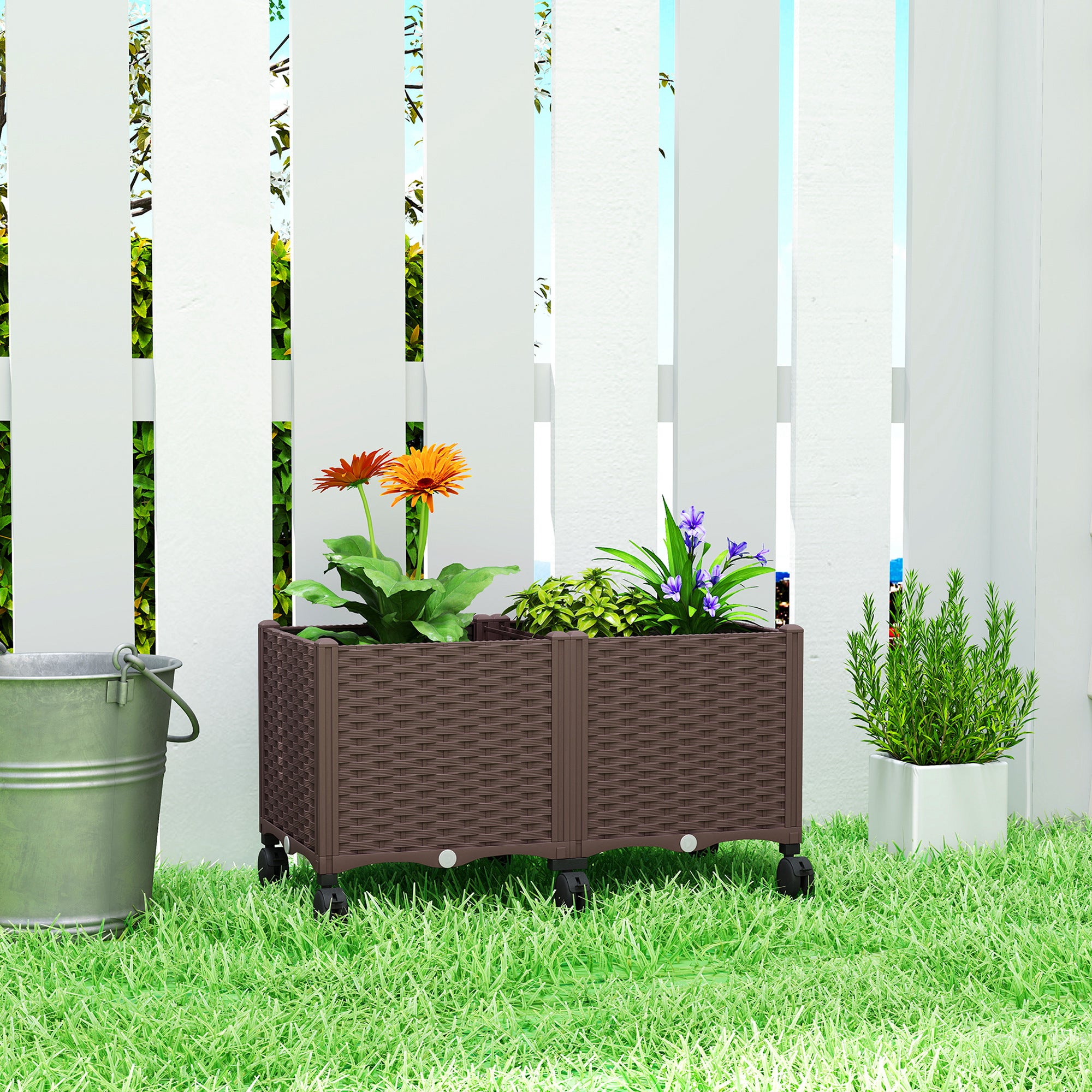 Raised Planter with 6 Wheels — Mobile Outdoor Plastic Planter with Self-Watering Reservoir & Drainage, 31.5×15.7×16.9 in, Brown