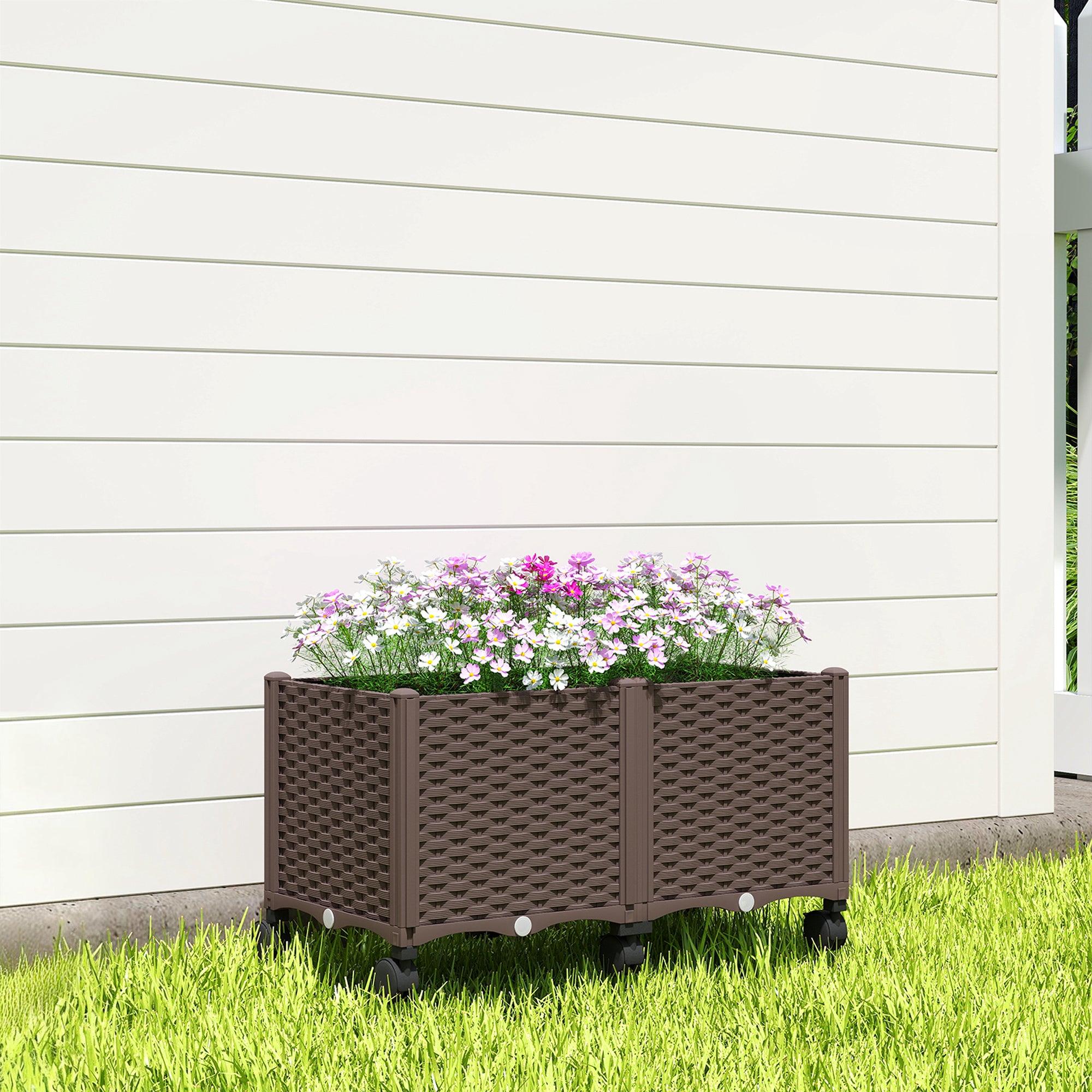 Raised Planter with 6 Wheels — Mobile Outdoor Plastic Planter with Self-Watering Reservoir & Drainage, 31.5×15.7×16.9 in, Brown