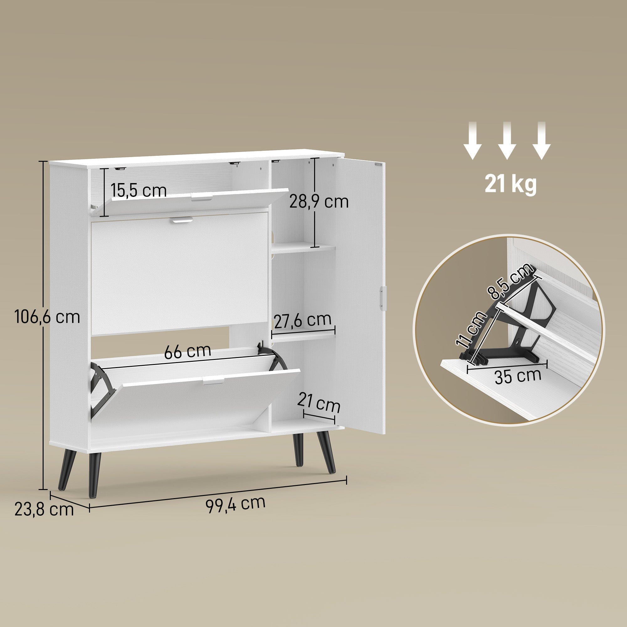 Slim Shoe Cabinet with 2 Flip Compartments, Leather-Effect Doors, 2 Cupboards & Adjustable Shelves, Soft-Close for Hallway & Entry — White