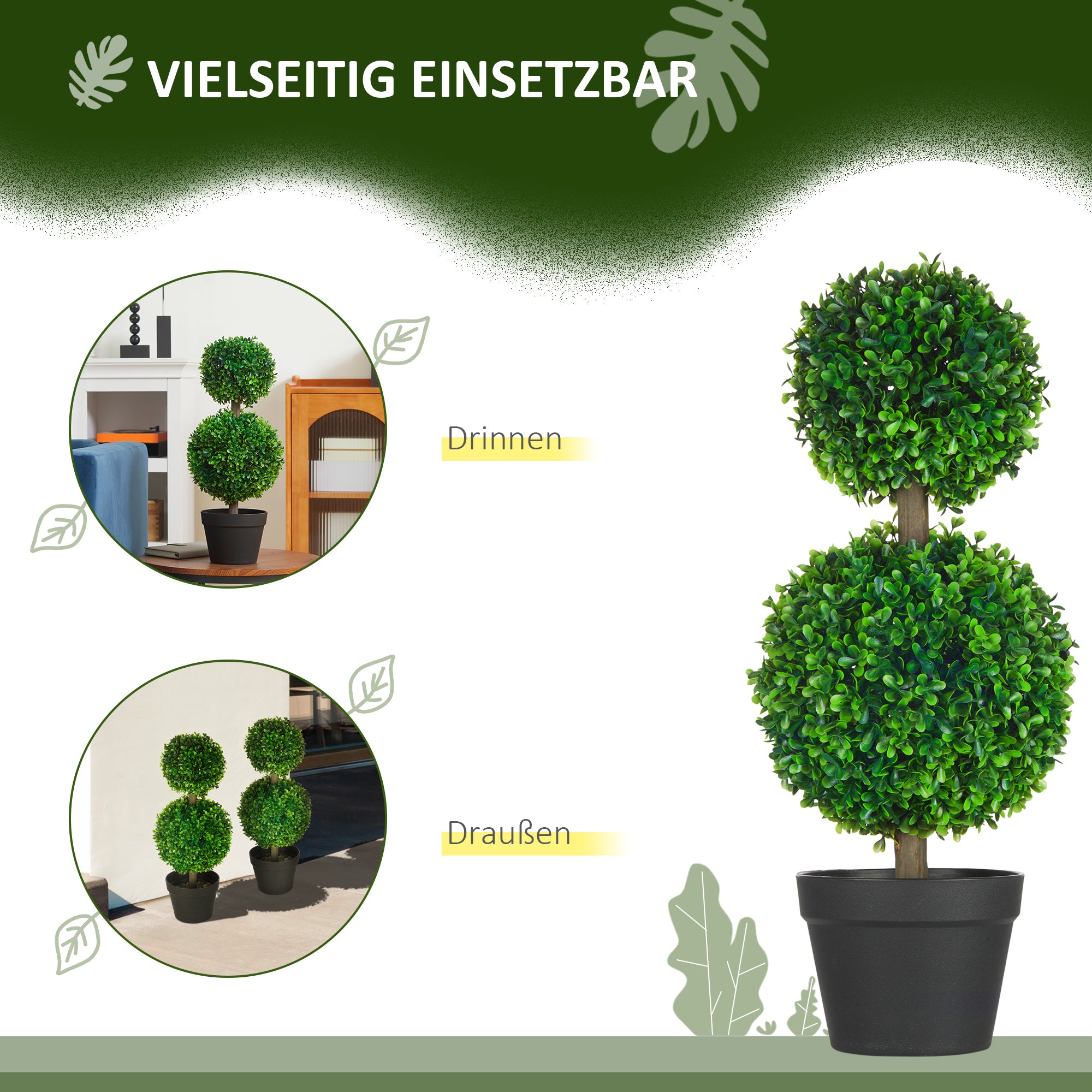 2-Pack Large Artificial Boxwood Tree 60 cm, UV Resistant Fake Plant, Plastic Artificial Plants in Pot, Artificial Tree, Fake Plant Looks Real for Living Room Bedroom Office Garden Decor Gift