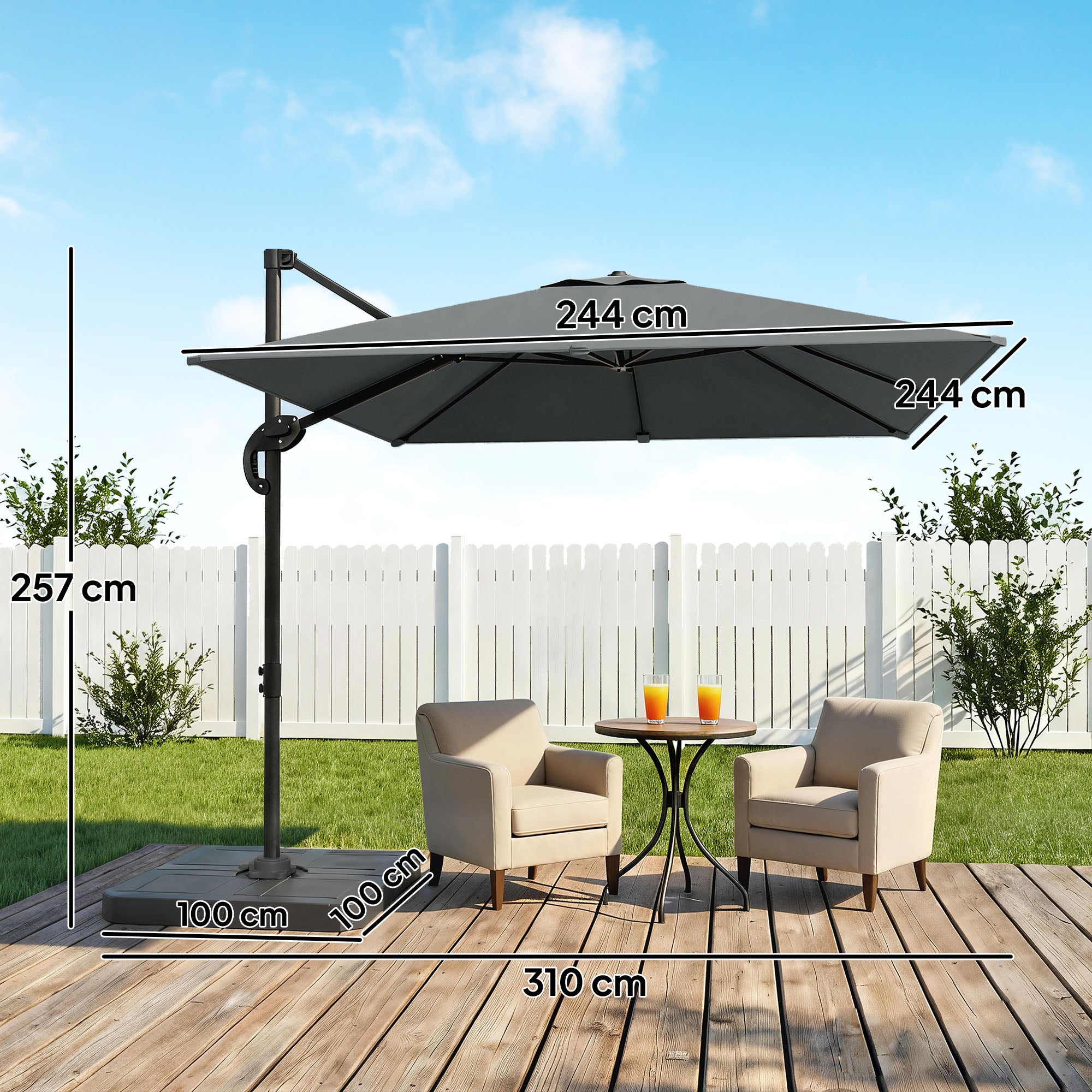 Aluminum Cantilever Umbrella Ø244 cm (8 ft) with Crank, Base Weights, Water-Resistant, 360° Swivel, Tiltable - Garden & Patio Parasol, Wind-Resistant, Dark Gray