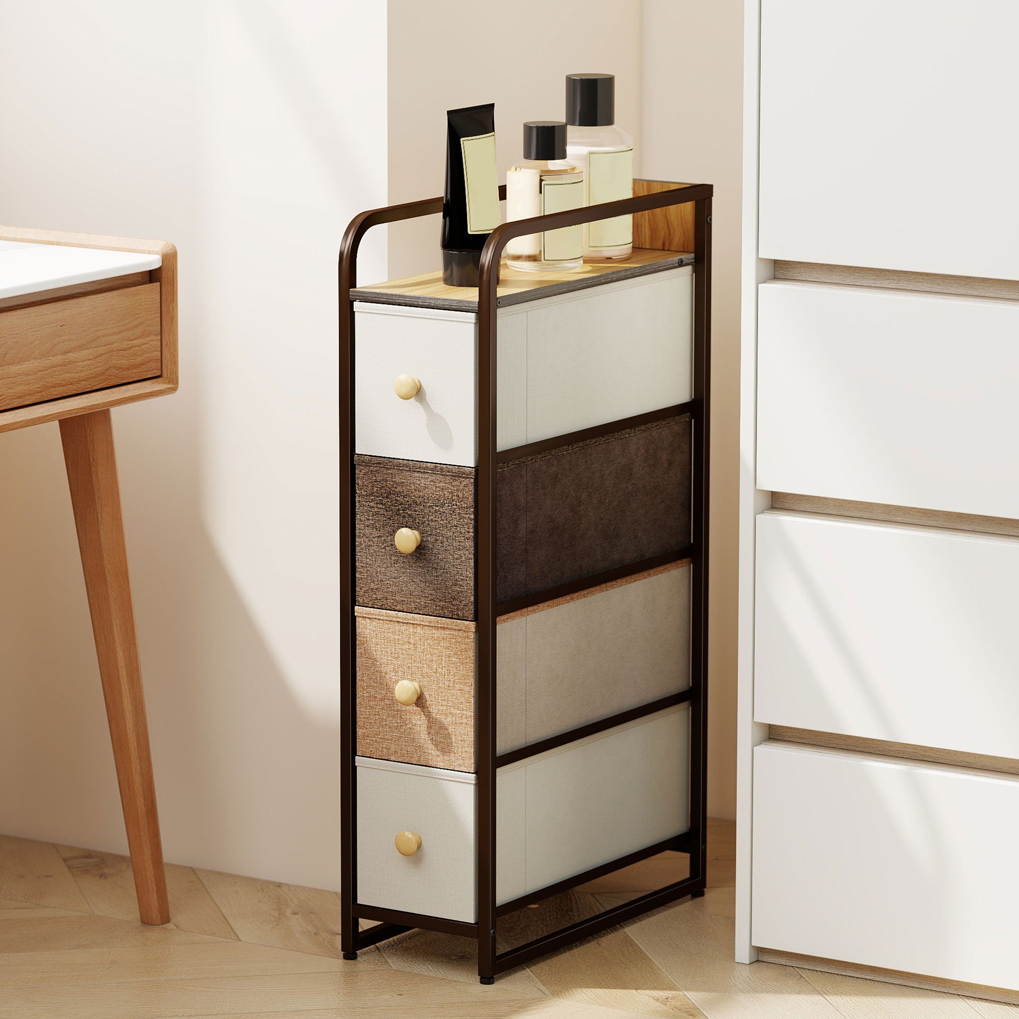 4-Drawer Foldable Fabric Chest, Narrow Storage Unit with Top Shelf and Steel Frame, Modern Style, Multicolor