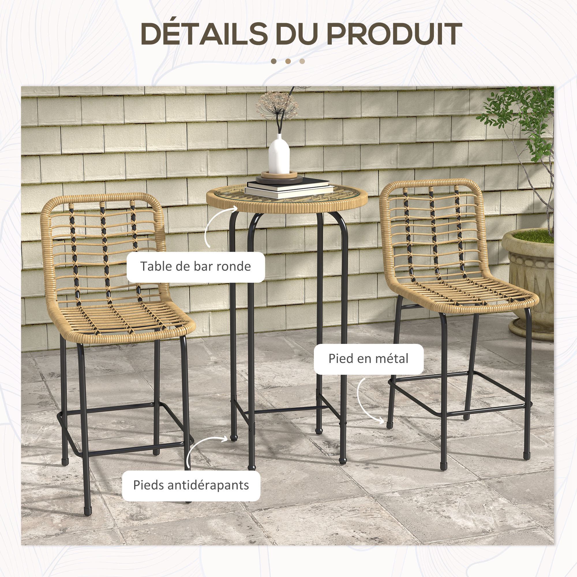 Garden Bar Set Bistro Garden Set 3 Pieces 1 Round High Table Bohemian Design + 2 Round Stools with Metal Footrest for 2 People Natural Black