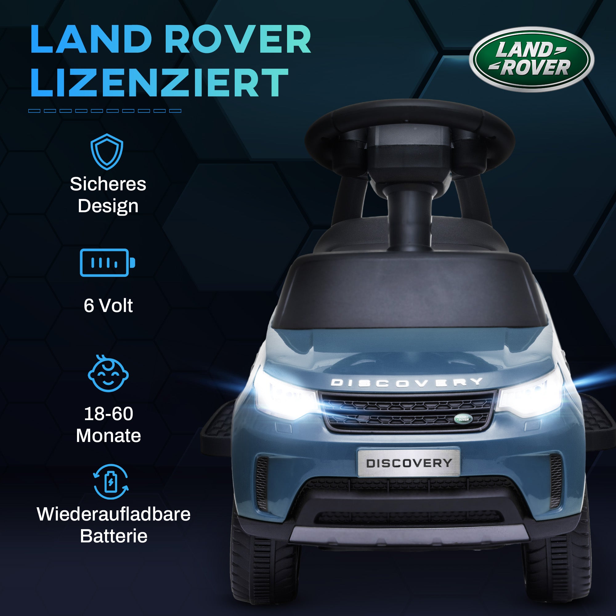 Land Rover Kids Electric Car 2 in 1 6V Kids Car with Push Mode, Music, Horn, Electric Vehicle, Push Car, Slider Vehicle with Headlight, 3 km/h, for 1.5-5 Year Old Kids, Light Blue