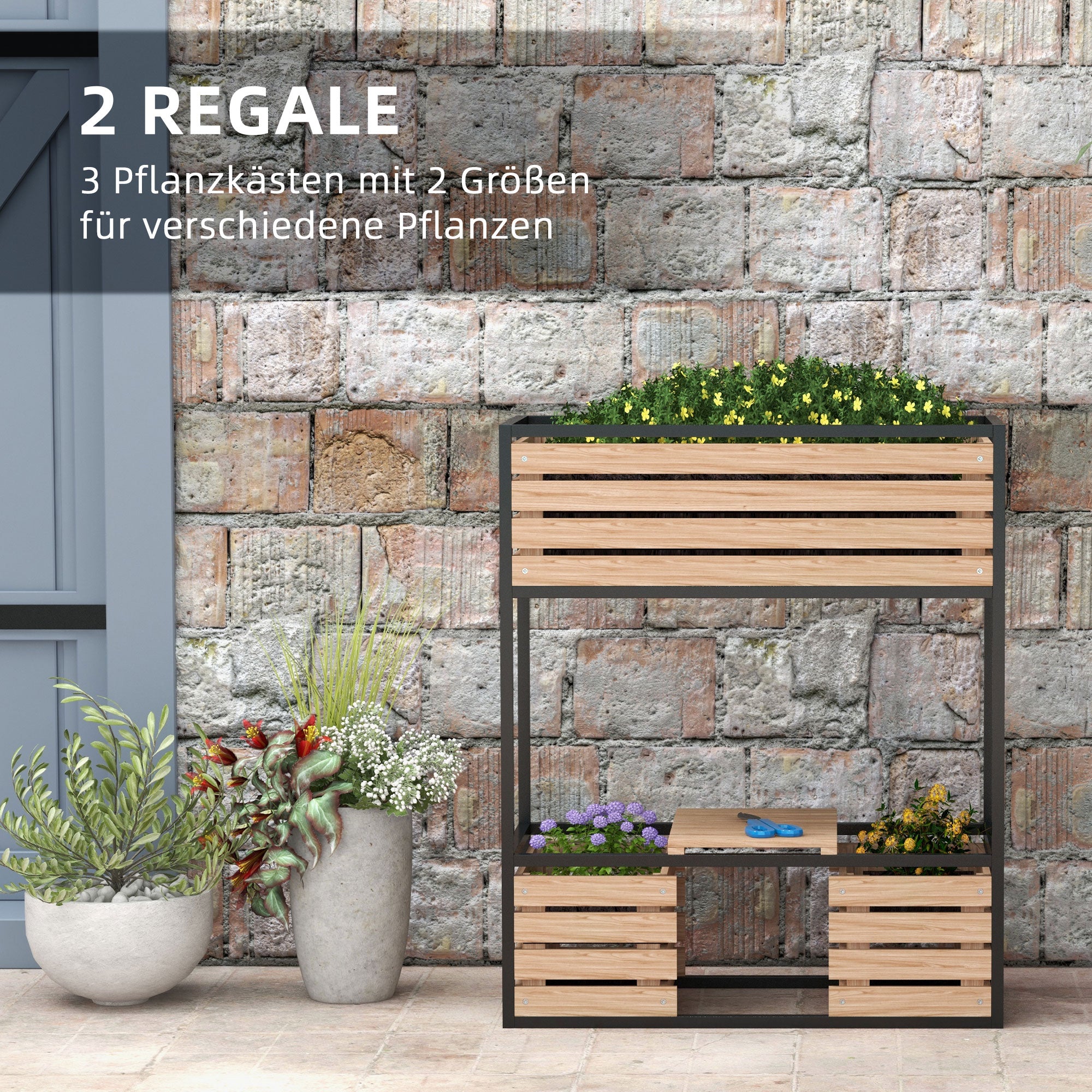 Wooden Raised Bed, 2-Tier Planter with Shelf, Elevated Vegetable Bed with Inner Fleece, Herb Bed for Garden, Balcony, Light Brown, 83 x 39 x 100 cm