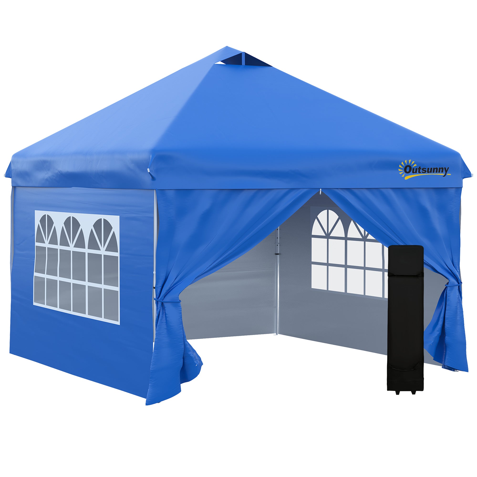 Pop-up Garden Gazebo Tent 3x3m Adjustable Height 3 Levels with 4 Removable Side Walls, Windows, Rolling Carry Bag - Blue