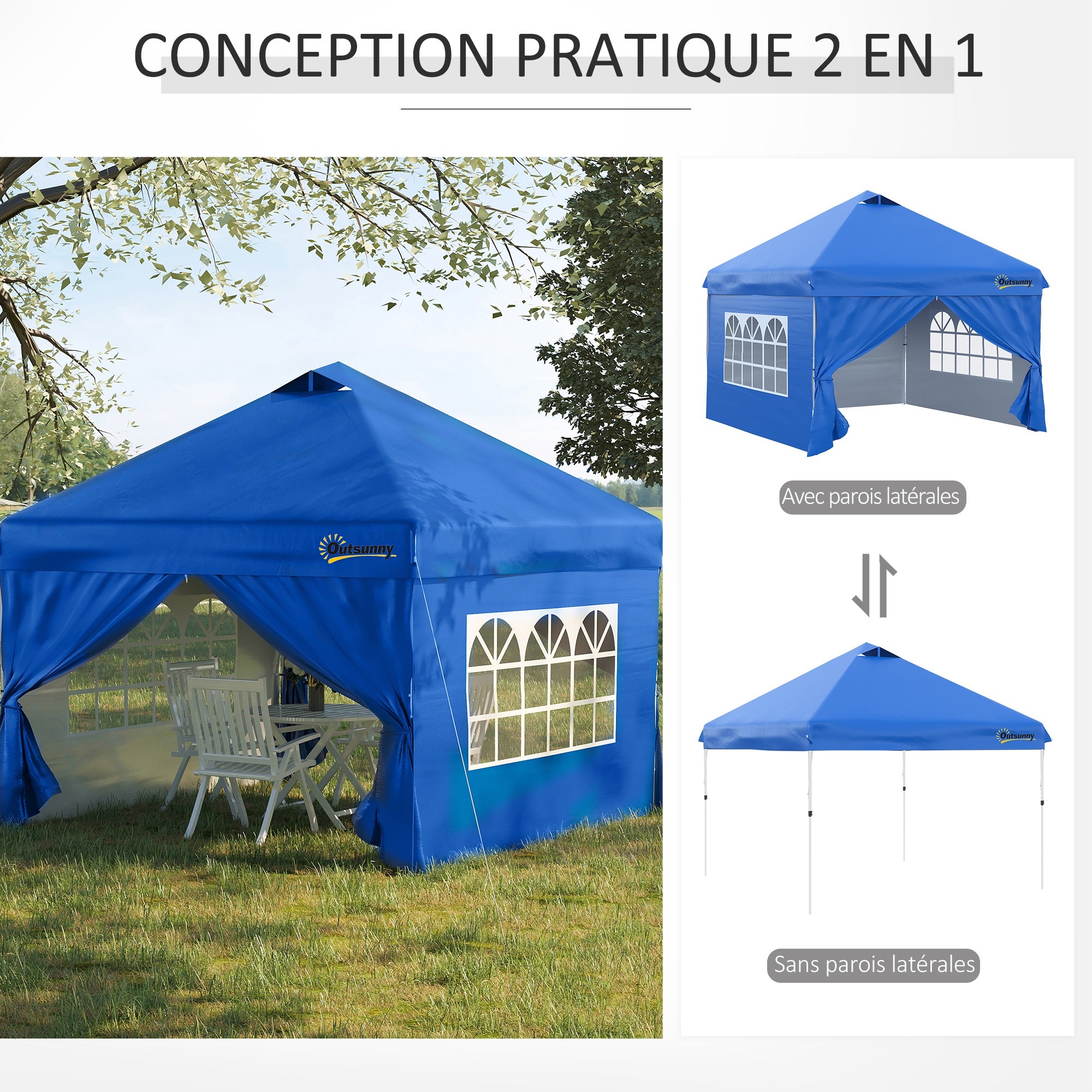 Pop-up Garden Gazebo Tent 3x3m Adjustable Height 3 Levels with 4 Removable Side Walls, Windows, Rolling Carry Bag - Blue