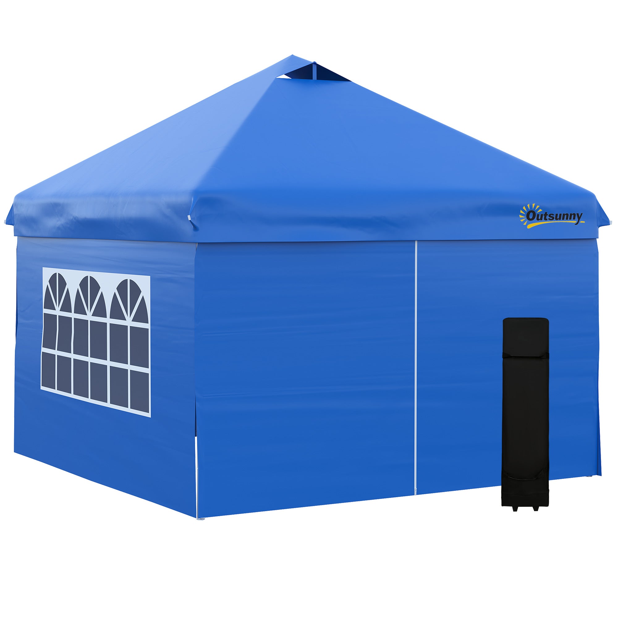 Pop-up Garden Gazebo Tent 3x3m Adjustable Height 3 Levels with 4 Removable Side Walls, Windows, Rolling Carry Bag - Blue