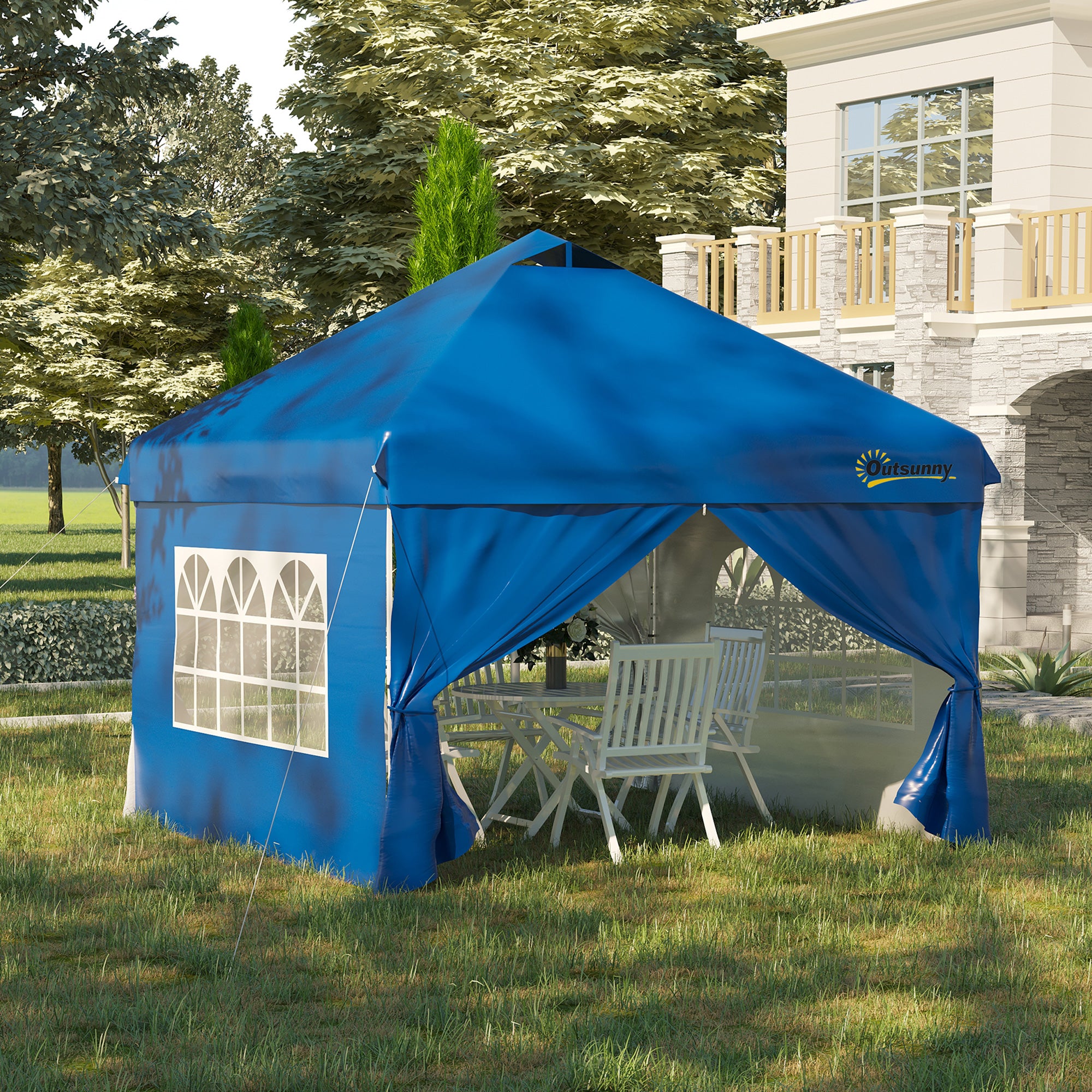 Pop-up Garden Gazebo Tent 3x3m Adjustable Height 3 Levels with 4 Removable Side Walls, Windows, Rolling Carry Bag - Blue