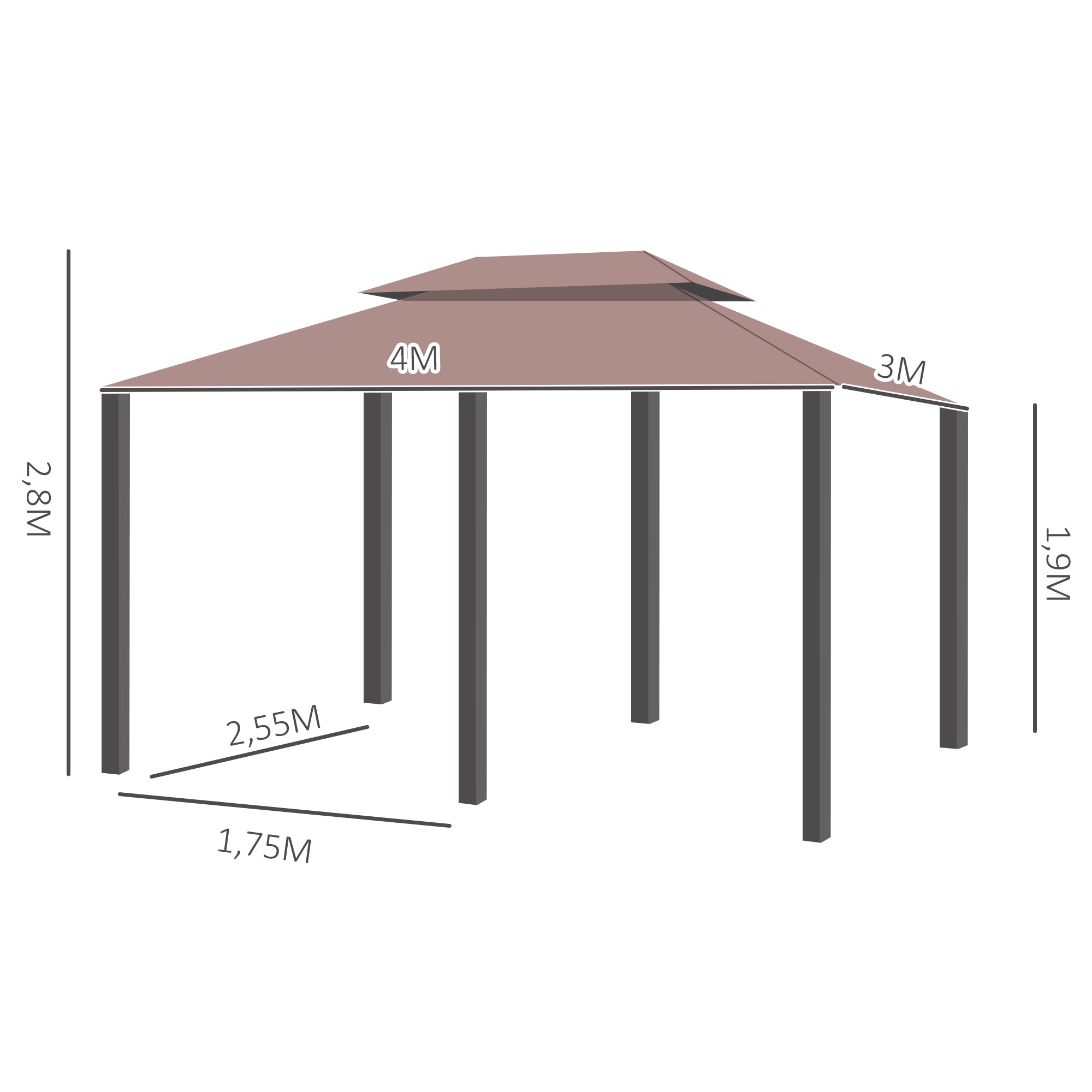 Pavilion 3x4m Garden Pavilion with 6 Side Panels Party Tent Garden Tent Marquee with Double Roof Khaki