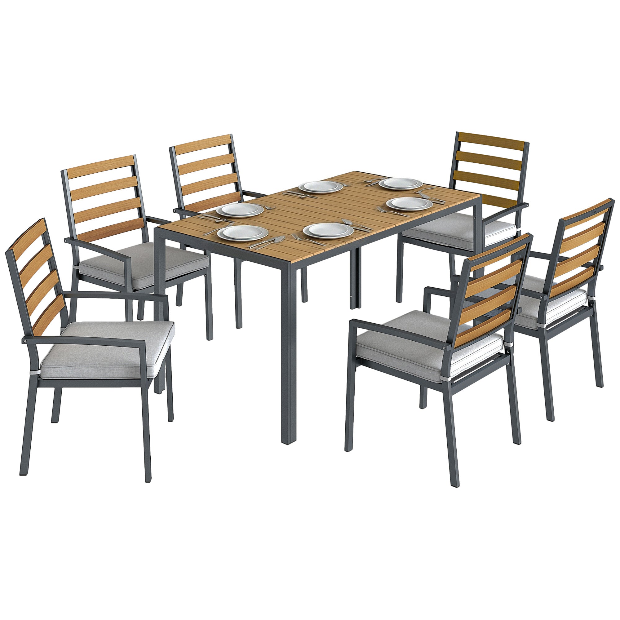 7-Piece Outdoor Dining Set — 1 Table & 6 Cushioned Chairs, Natural Wood Finish