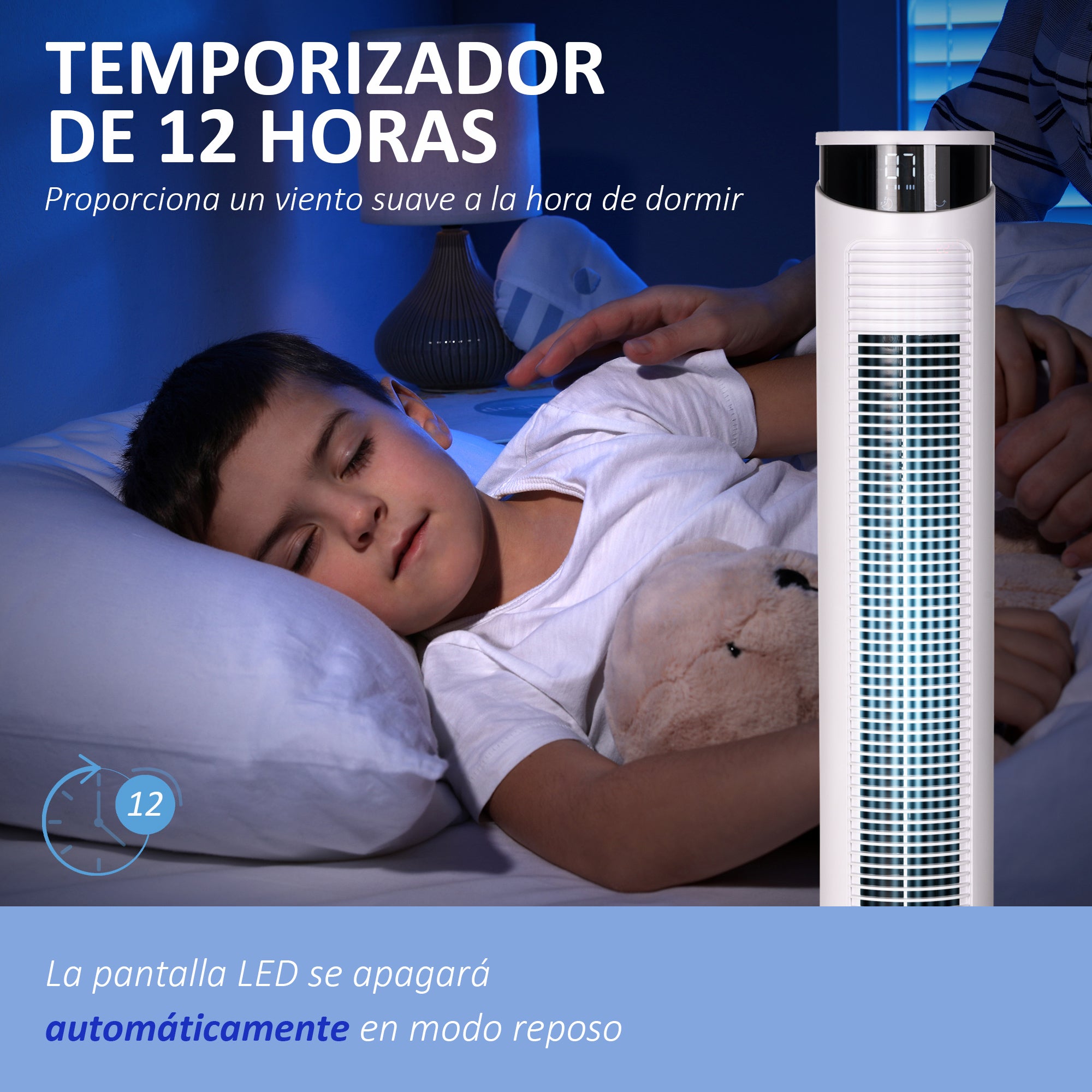 Tower Fan Low Energy Oscillating 45W with Remote Control 12h Timer 3 Speeds 3 Modes LED Display and Transport Handle for Bedroom Ø31.5x93 cm White
