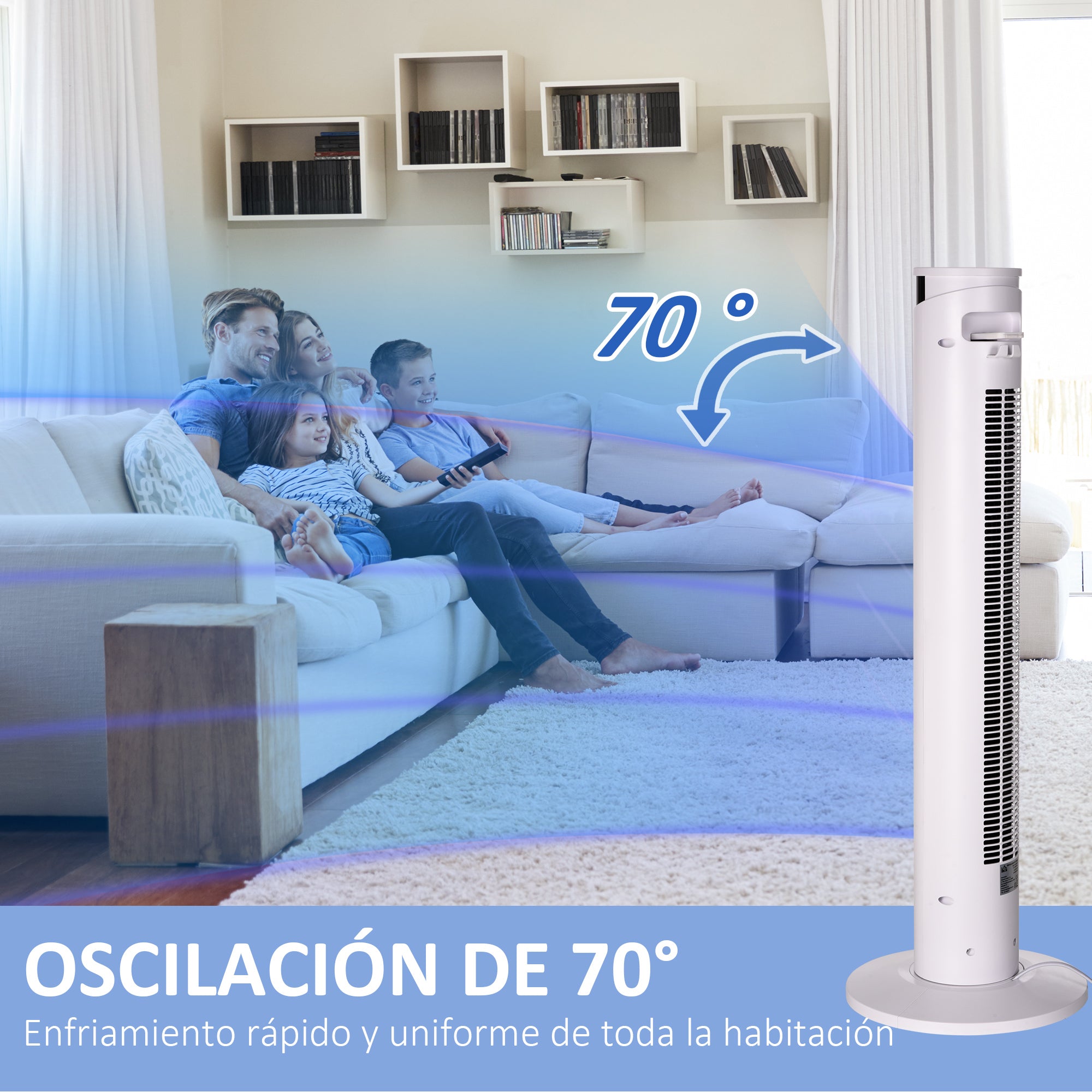 Tower Fan Low Energy Oscillating 45W with Remote Control 12h Timer 3 Speeds 3 Modes LED Display and Transport Handle for Bedroom Ø31.5x93 cm White