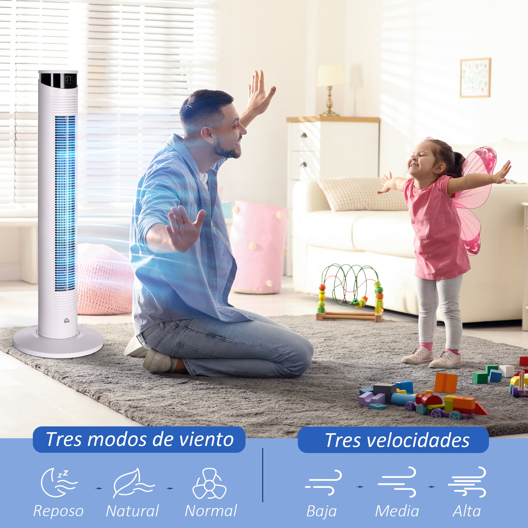 Tower Fan Low Energy Oscillating 45W with Remote Control 12h Timer 3 Speeds 3 Modes LED Display and Transport Handle for Bedroom Ø31.5x93 cm White