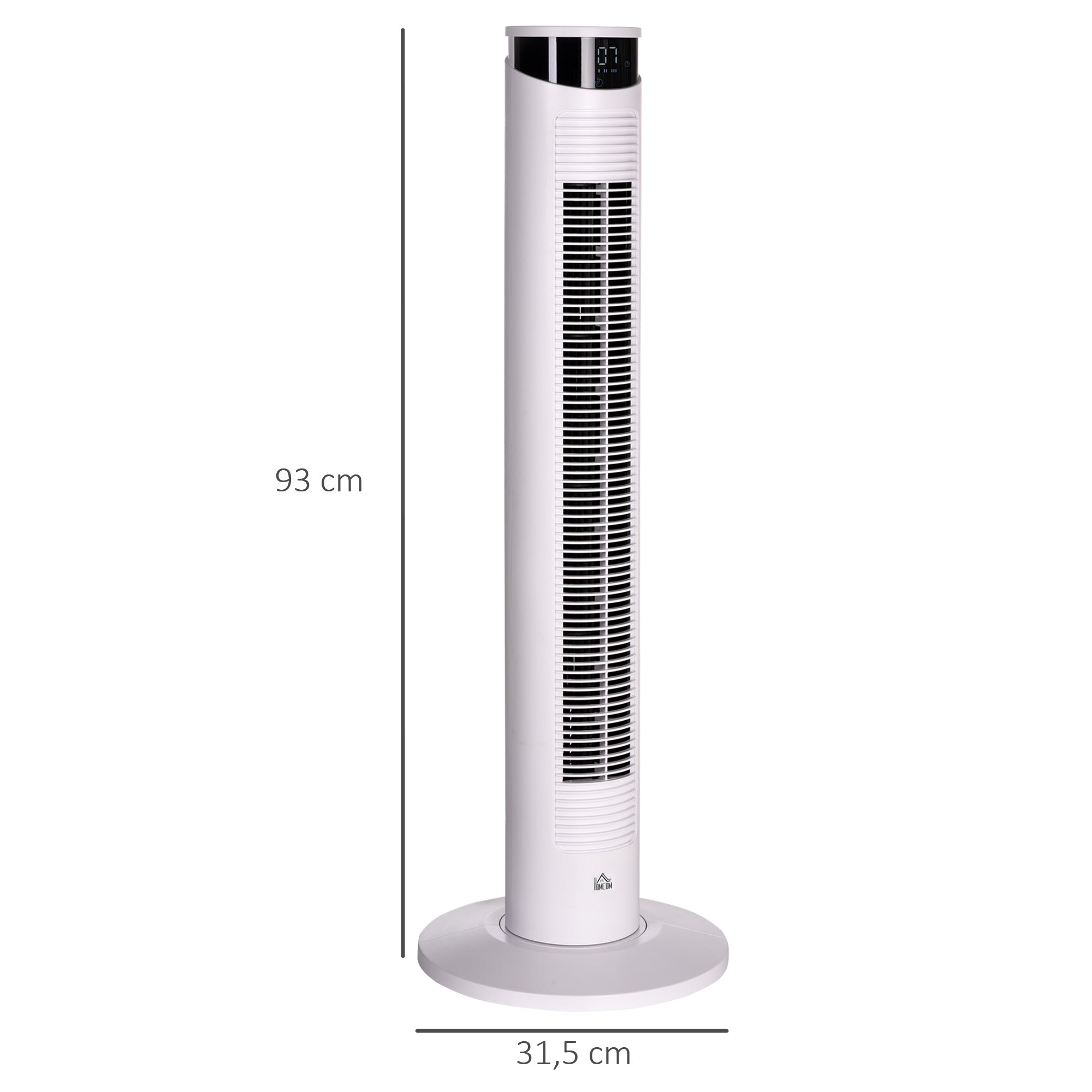 Tower Fan Low Energy Oscillating 45W with Remote Control 12h Timer 3 Speeds 3 Modes LED Display and Transport Handle for Bedroom Ø31.5x93 cm White