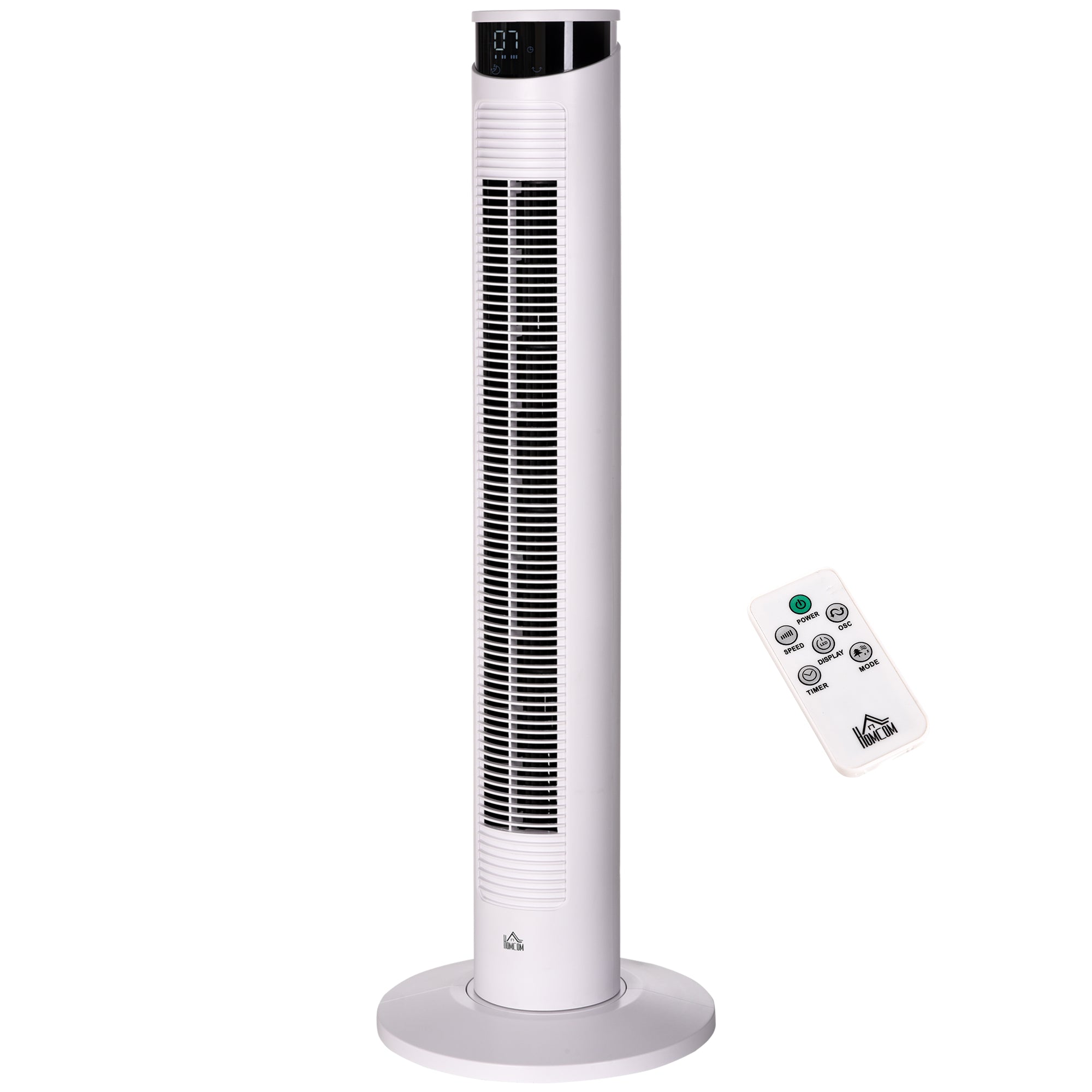 Tower Fan Low Energy Oscillating 45W with Remote Control 12h Timer 3 Speeds 3 Modes LED Display and Transport Handle for Bedroom Ø31.5x93 cm White