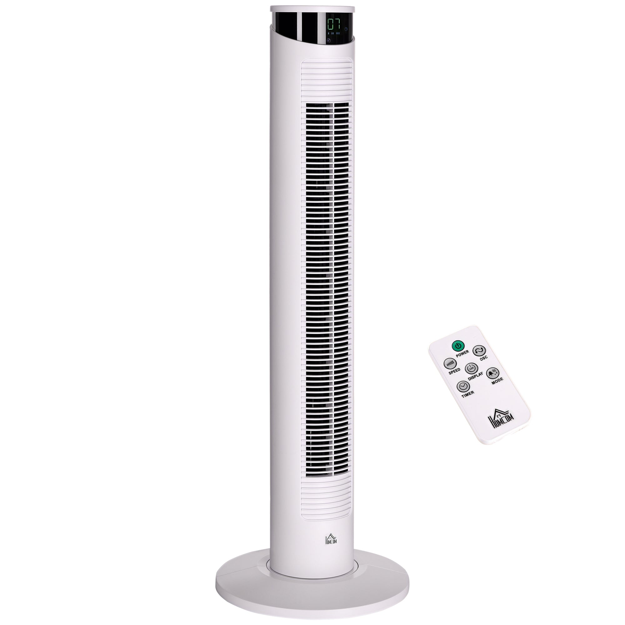 Tower Fan Low Energy Oscillating 45W with Remote Control 12h Timer 3 Speeds 3 Modes LED Display and Transport Handle for Bedroom Ø31.5x93 cm White