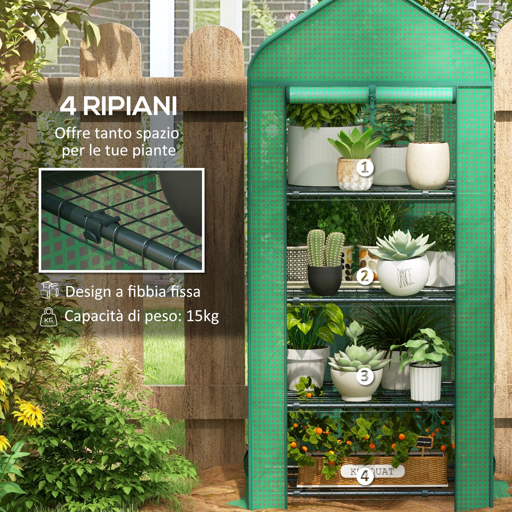 4-Shelf Plant Greenhouse with Roll-Up Door, Small Metal and PE Greenhouse, 69x49x158 cm, Dark Green