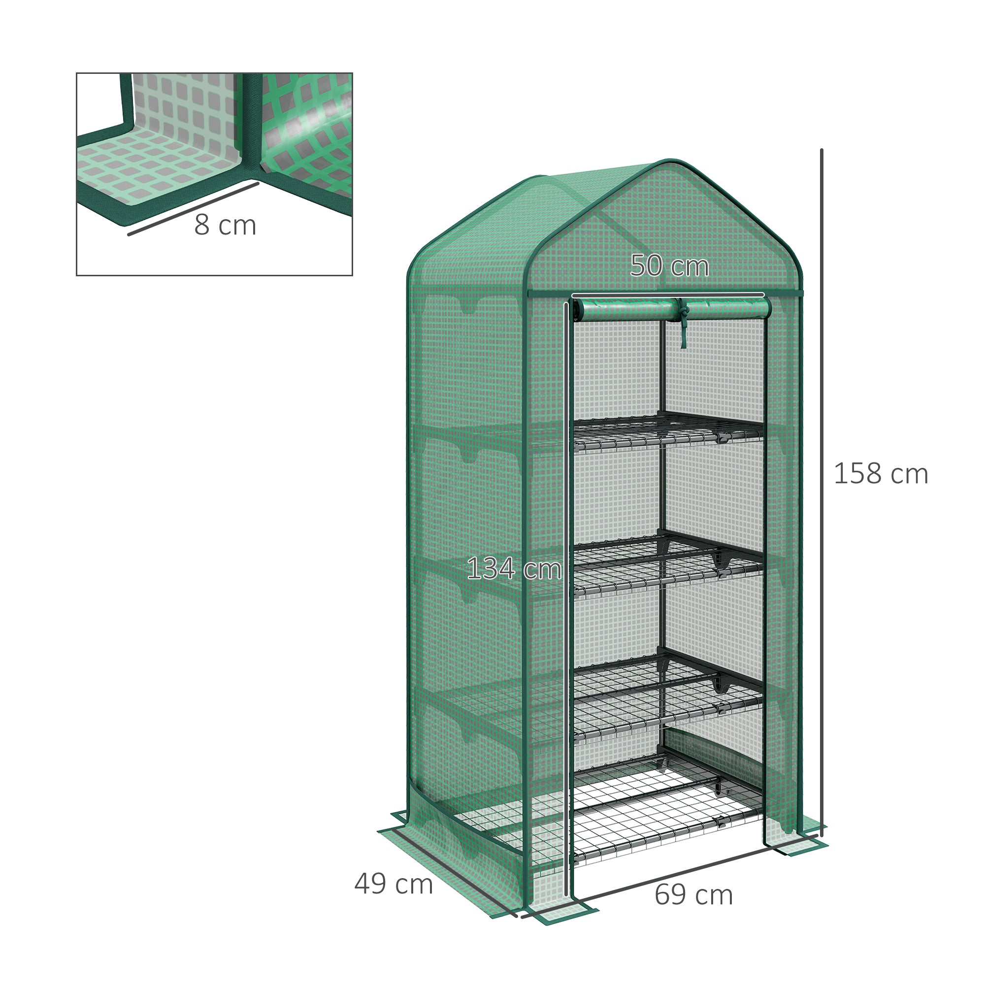 4-Shelf Plant Greenhouse with Roll-Up Door, Small Metal and PE Greenhouse, 69x49x158 cm, Dark Green