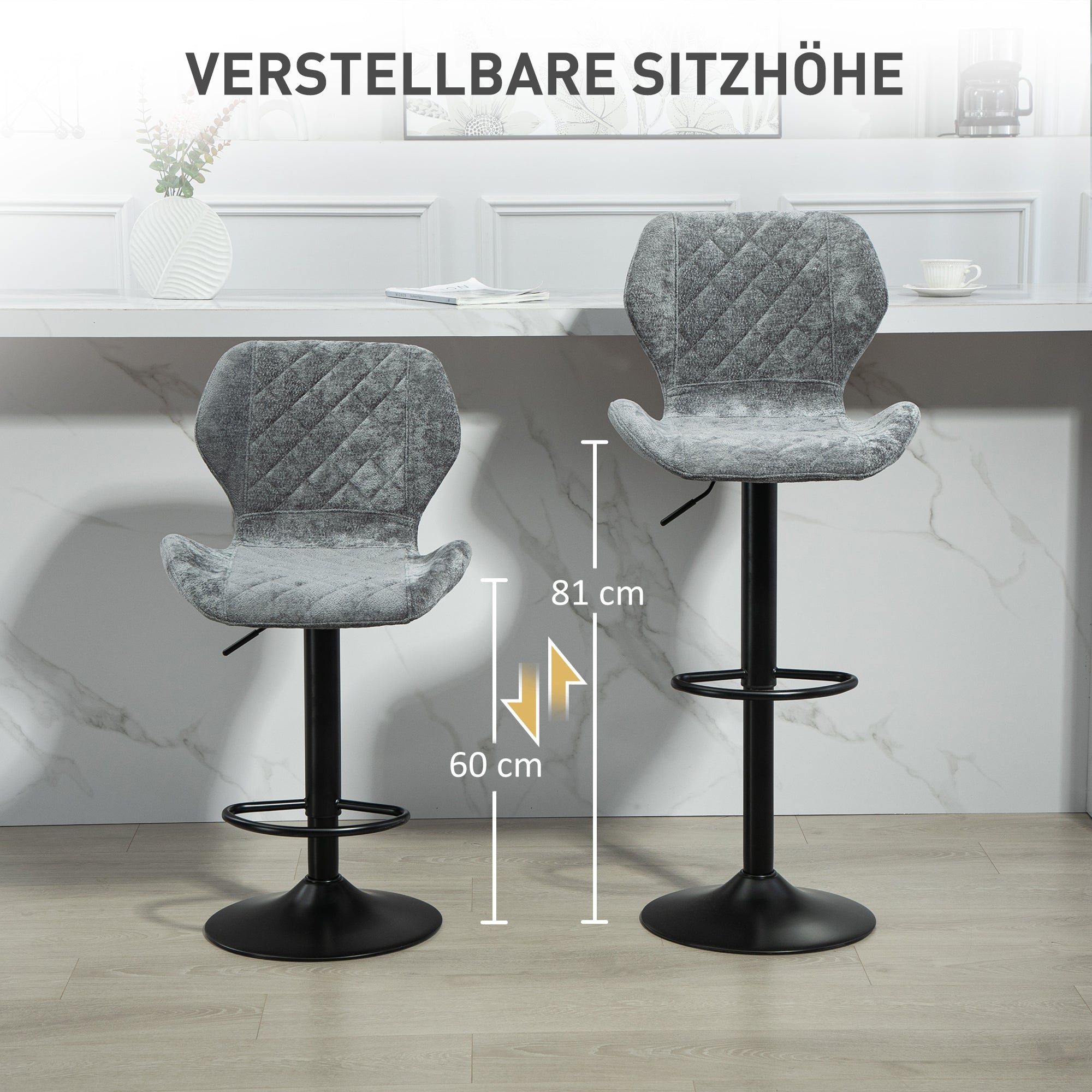 Bar Stools Set of 2, Swivel Height Adjustable Bar Chairs with Chenille Look, Upholstered Kitchen Chairs with Backrest and Footrest Counter Stools for Kitchen, Steel Dark Grey