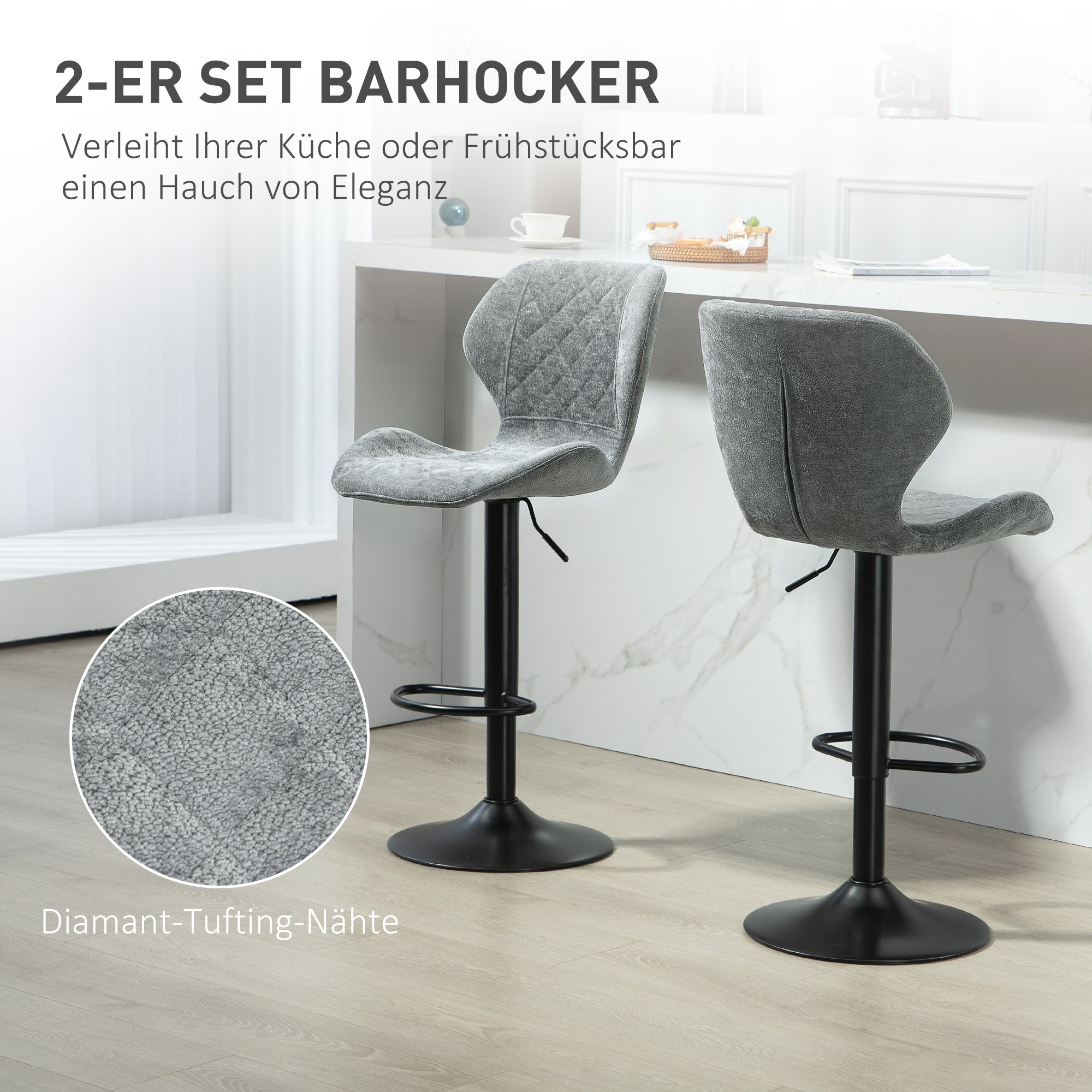 Bar Stools Set of 2, Swivel Height Adjustable Bar Chairs with Chenille Look, Upholstered Kitchen Chairs with Backrest and Footrest Counter Stools for Kitchen, Steel Dark Grey