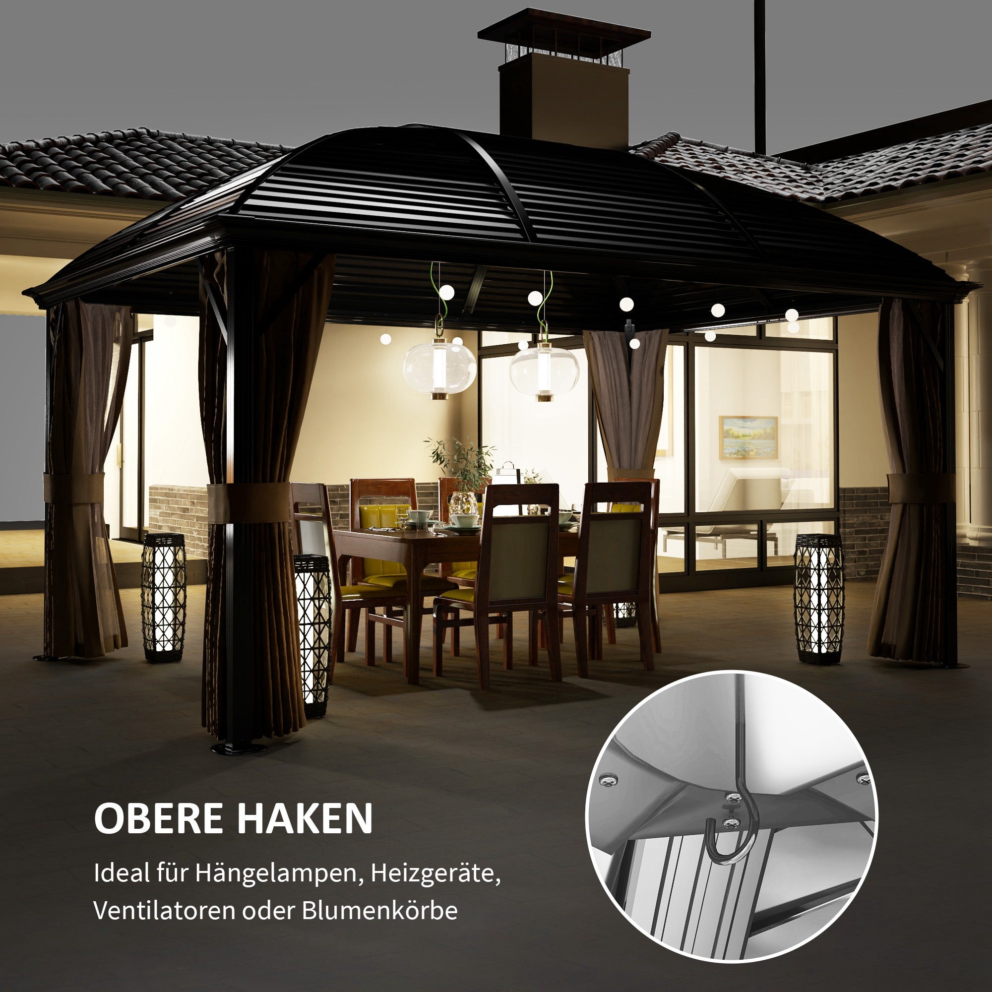 Pavilion with Hardtop, 4x3 m Waterproof Stable Winterproof Garden Pavilion with Mosquito Net, Hooks, Side Panels, Curved Roof, Aluminum Garden Pavilion, for Garden, Terrace, Brown