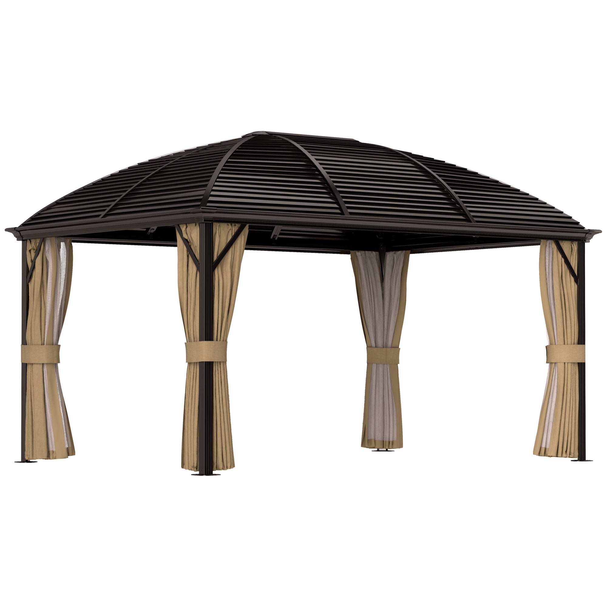 Pavilion with Hardtop, 4x3 m Waterproof Stable Winterproof Garden Pavilion with Mosquito Net, Hooks, Side Panels, Curved Roof, Aluminum Garden Pavilion, for Garden, Terrace, Brown