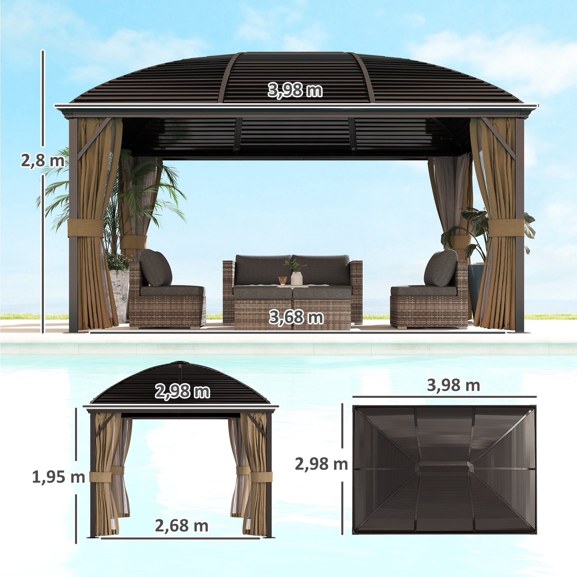Pavilion with Hardtop, 4x3 m Waterproof Stable Winterproof Garden Pavilion with Mosquito Net, Hooks, Side Panels, Curved Roof, Aluminum Garden Pavilion, for Garden, Terrace, Brown