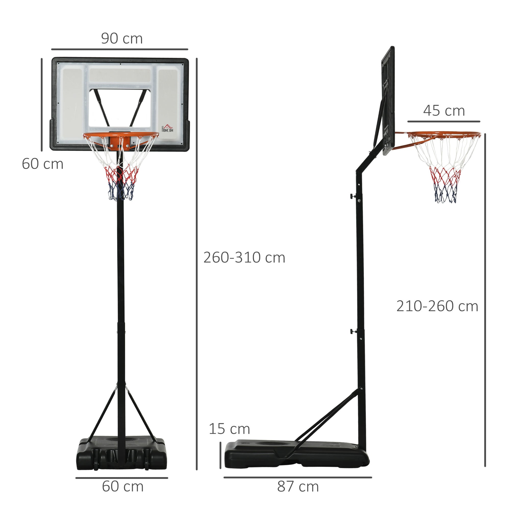 Basketball Stand with Wheels Rollable 210-260 cm Height Adjustable Basketball Hoop with Stand Suitable for Outdoor and Indoor Areas Steel Plastic Black