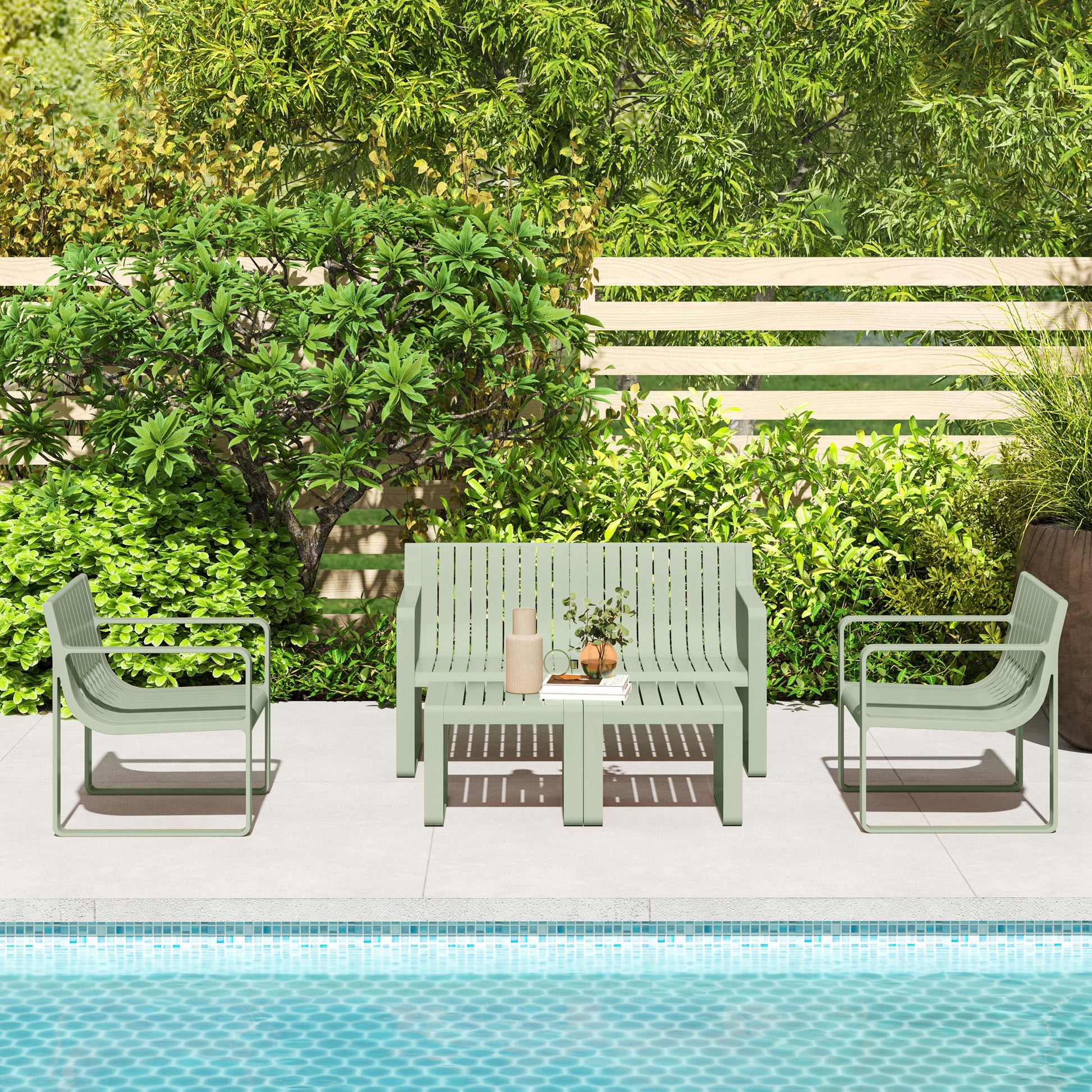5-Piece Garden Set with Loveseat, 2 Armchairs, and 2 Tables, Polypropylene Outdoor Set, Waterproof and UV-Resistant, Green