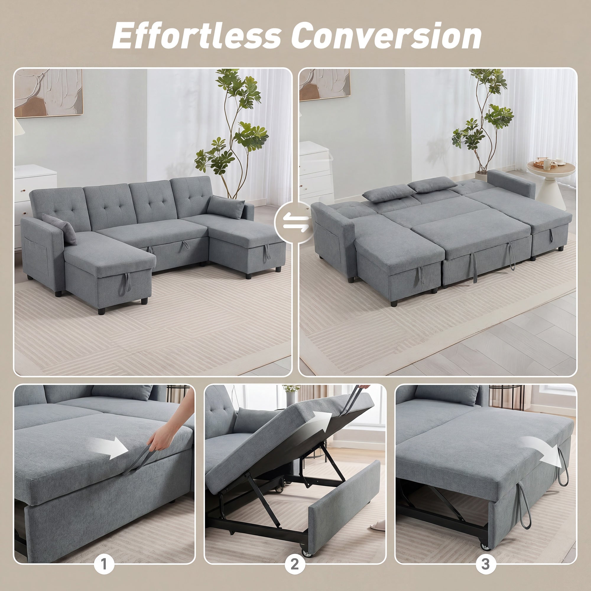 U-Shaped 4-Seater Sectional Sofa Bed with Storage — 3-in-1 Convertible Couch with Chaise, Adjustable Backrests, Linen-Look, Gray