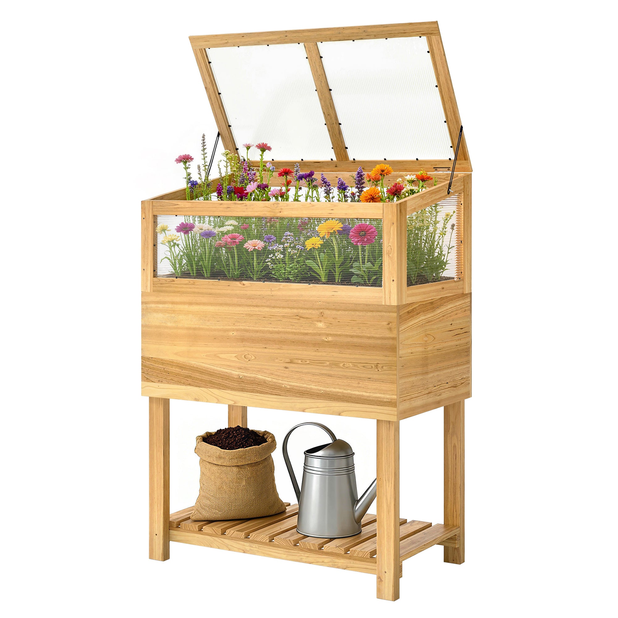 Raised Wooden Planter with Cold Frame – Elevated Garden Bed with Hinged Cover & Storage Shelf, Ergonomic Flower/Vegetable Bed for Garden & Balcony, 31.5 x 17.7 x 42.7 in (80 x 45 x 108.5 cm), Natural Wood