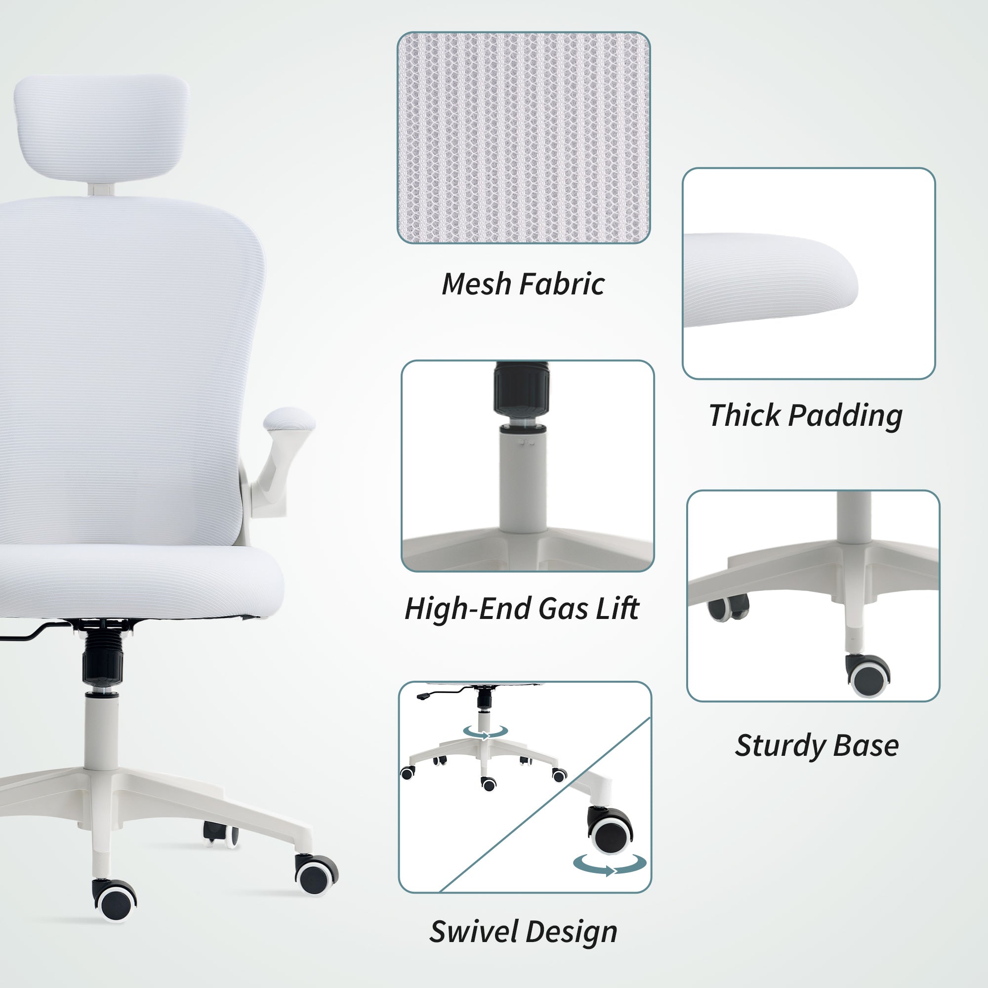 Mesh Office Chair, Swivel Desk Chair with Tilt Function, High Back, Adjustable Headrest, 4D Lumbar Support, Folding Arms, Height Adjustable, White