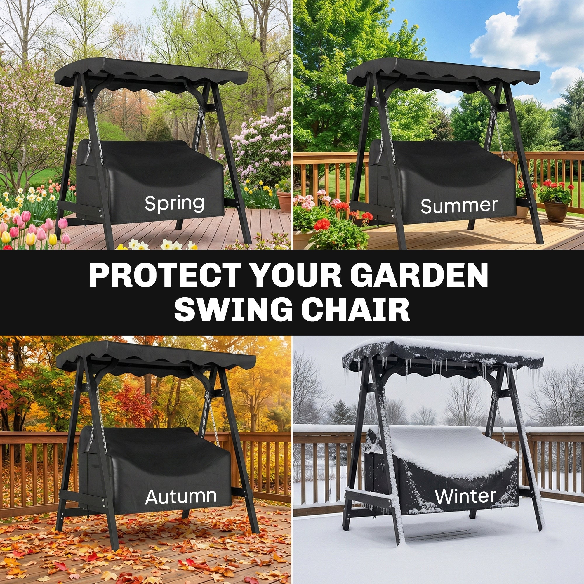 2-Seater Swing Cover, Waterproof & Windproof Protective Cover for Garden Swing, UV-Resistant, 142 x 76 x 81 cm (56 x 30 x 32 in) — Black