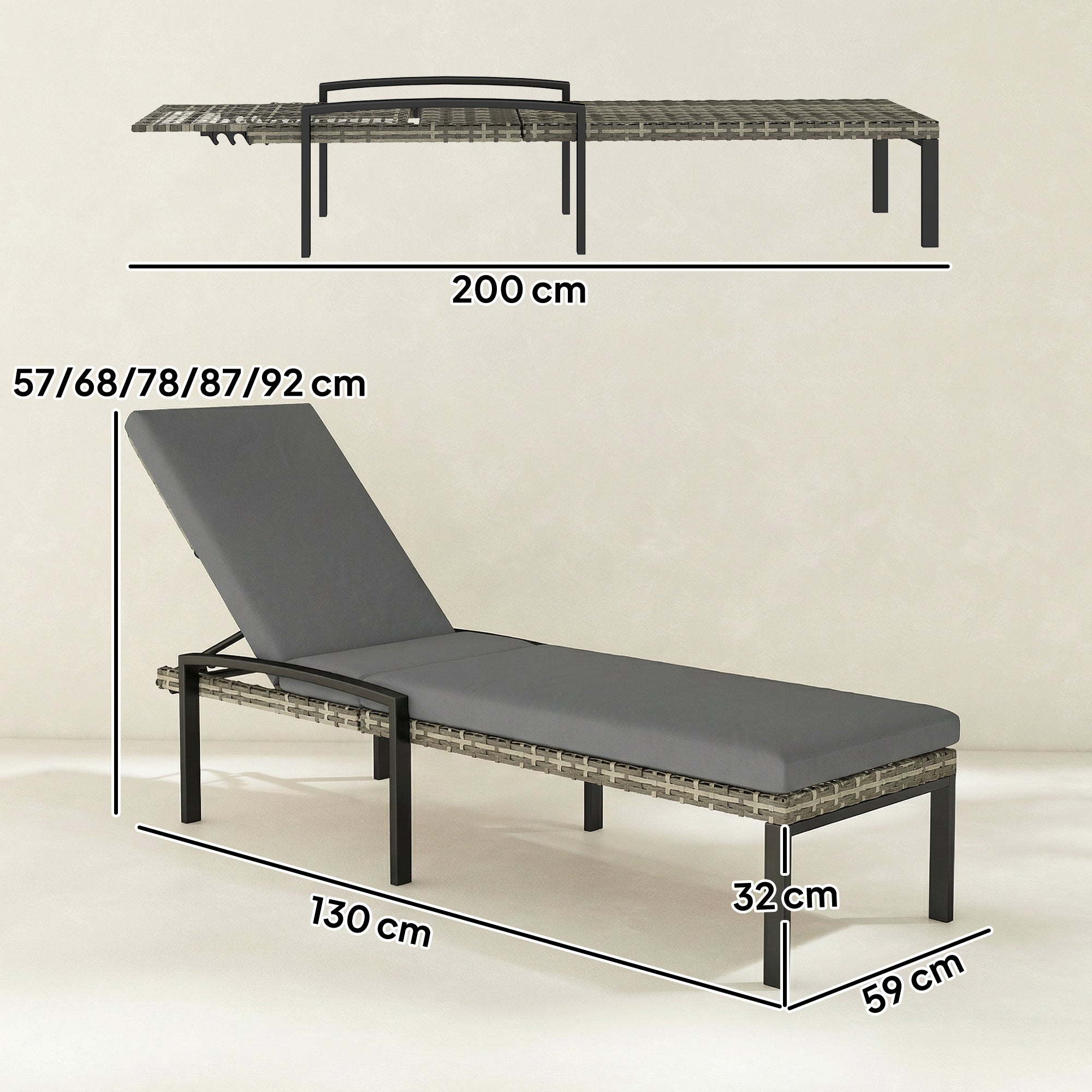 2-Pack Polyrattan Sun Lounger with 5-Position Adjustable Backrest, Removable Cushion, Weatherproof Outdoor Recliner — Up to 265 lb, Garden/Pool/Beach, Light Gray