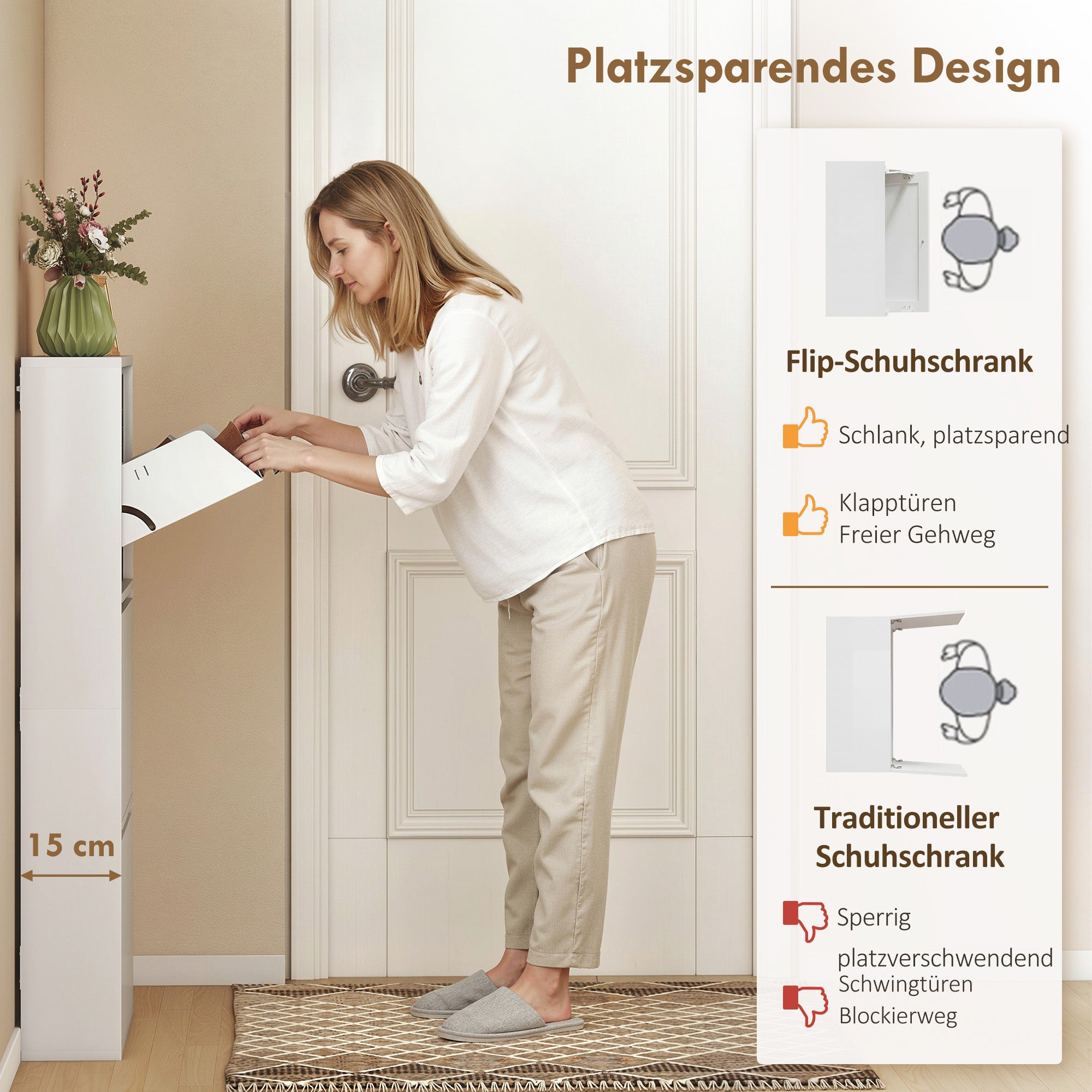 Metal Shoe Cabinet with 3 Flip Drawers — Slim Wall-Mounted Shoe Rack for 6 Pairs, 55 x 15 x 105.5 cm (21.7" x 5.9" x 41.5"), White