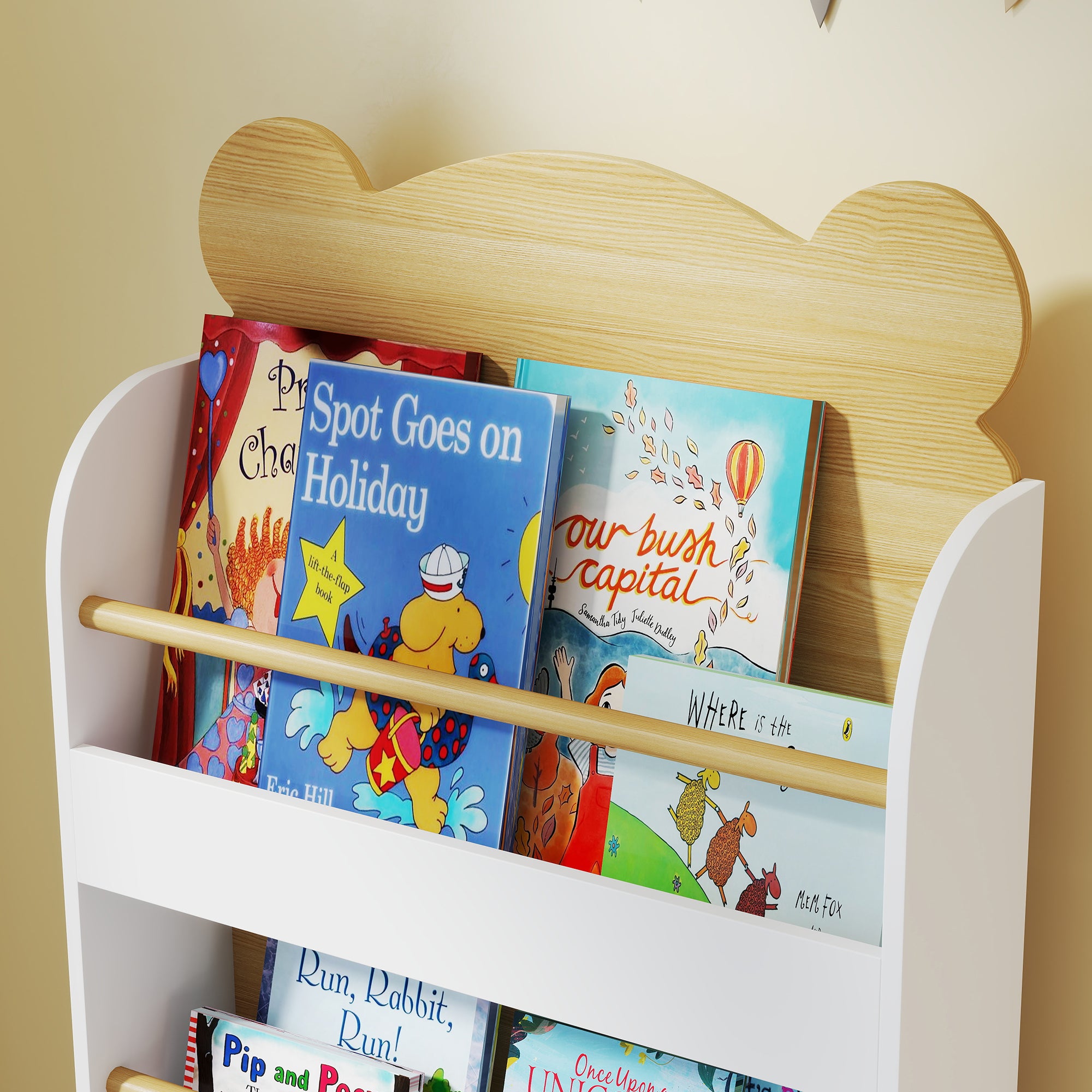 3-Level Kids Bookshelf Bear Design for Playroom Bedroom Nursery Natural Wood