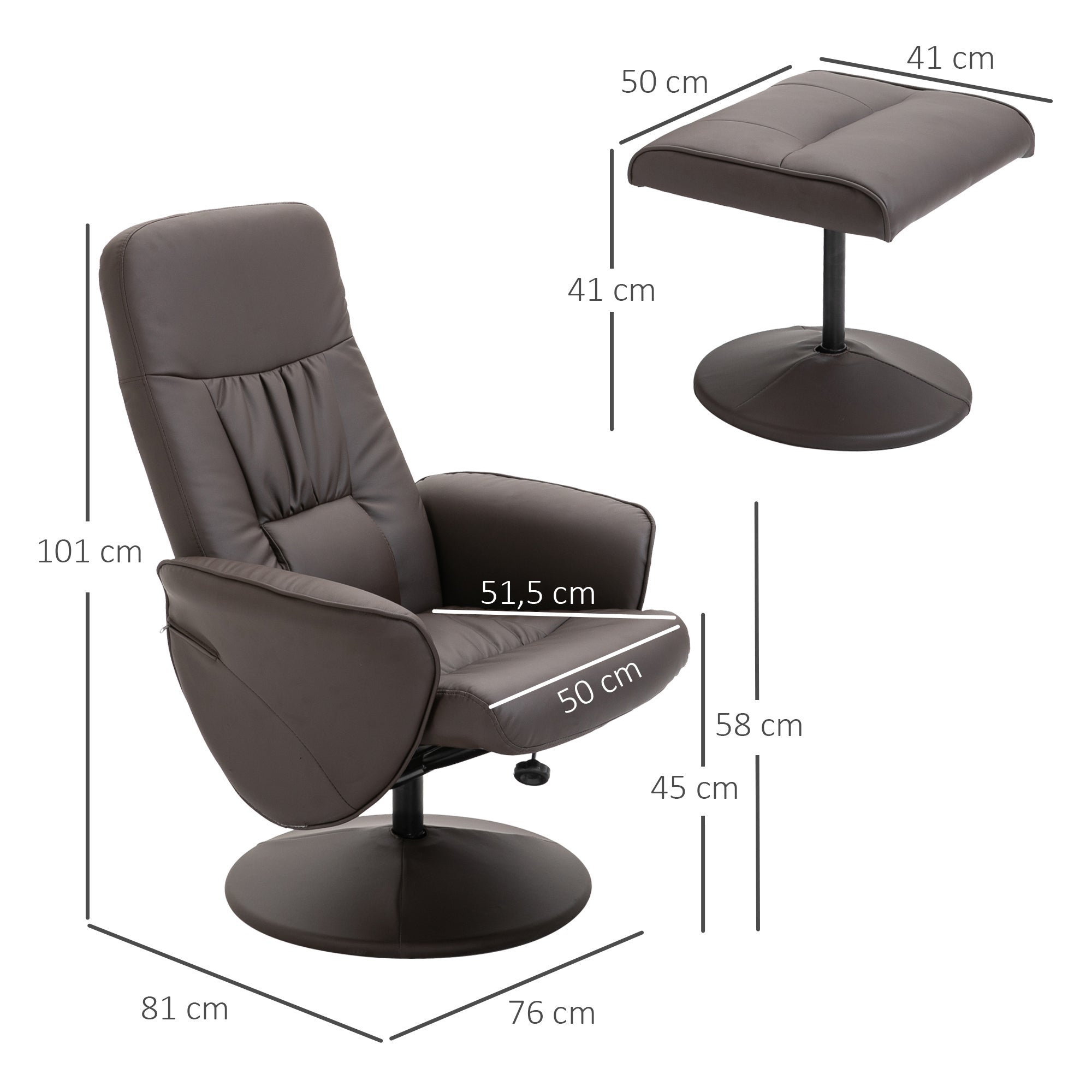 Living Room Armchair with Ottoman Footrest Upholstered in PU Reclining Armchair up to 145° and 360° Swivel with Adjustable Backrest for Living Room Bedroom Office 76x81x101 cm Brown