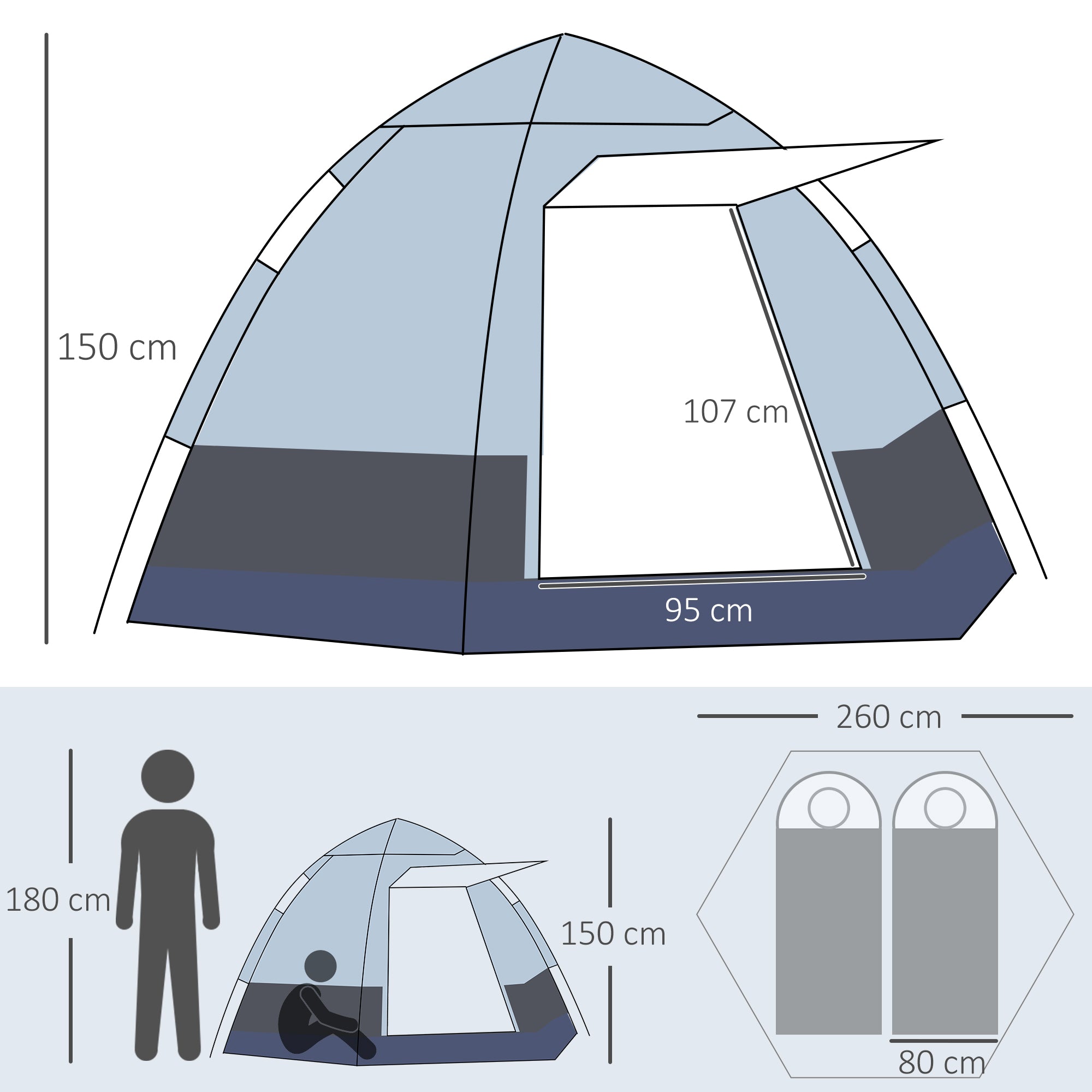 Camping Tent 3-4 Person Family Dome Tent 210T Polyurethane 3000mm Simple Setup for Family Trekking Festival Steel Fiberglass Gray+Black 260 x 260 x 195 cm