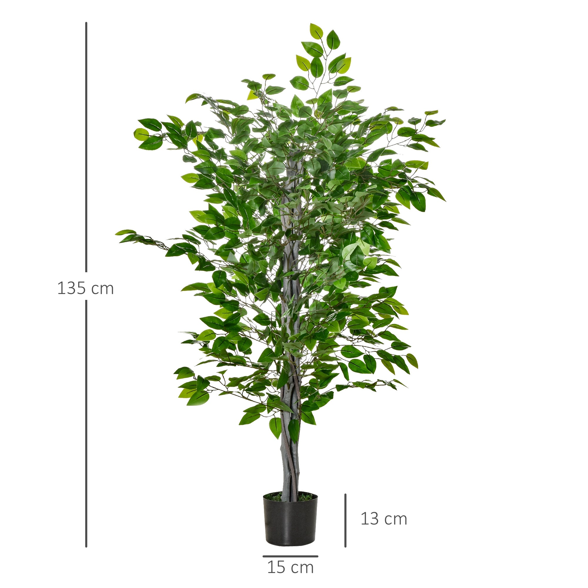 Large 135cm Artificial Ficus Tree, Plastic Artificial Plants Ficus in Pot, Realistic Artificial Tree with Cement, Artificial Grass for Living Room Bedroom Office Garden