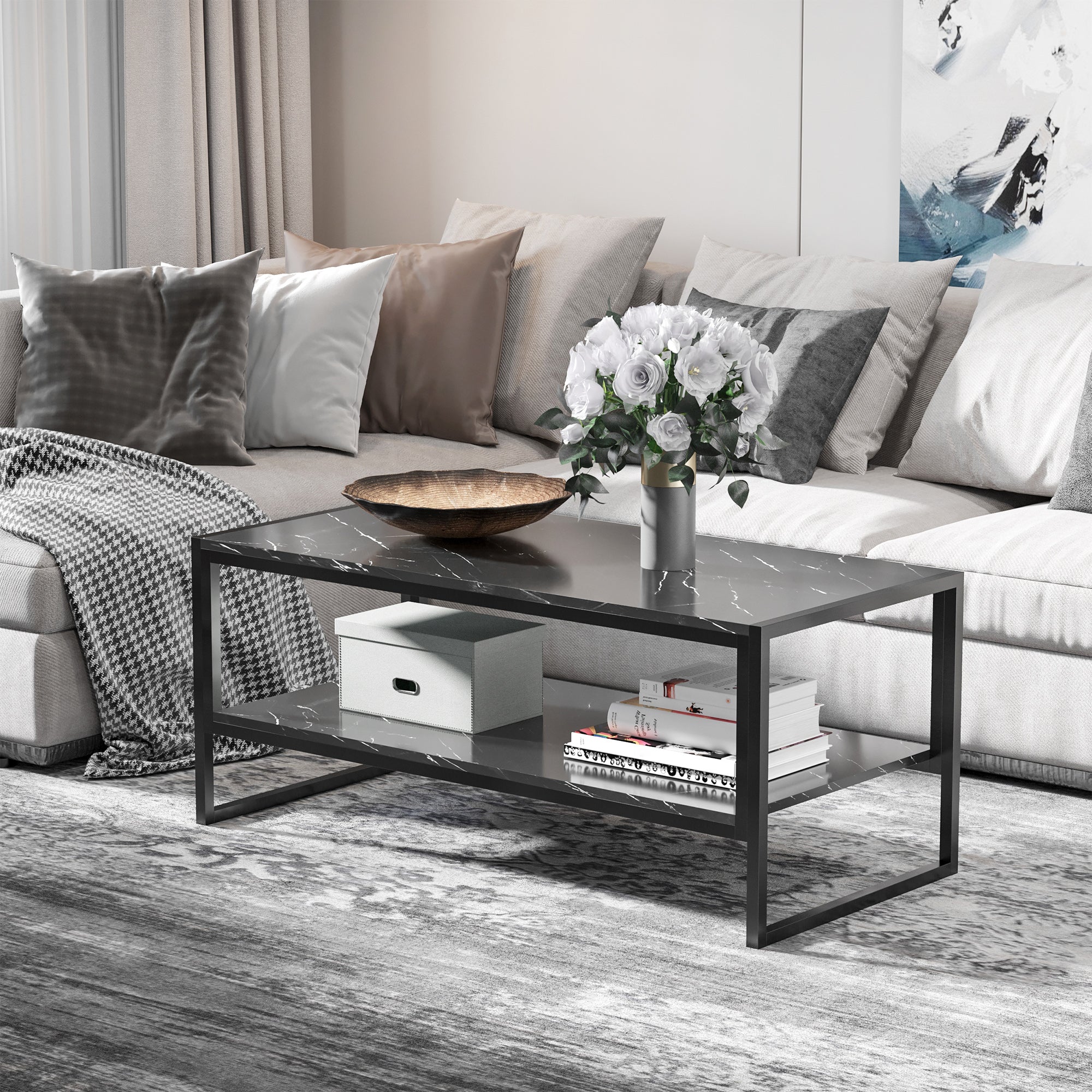 Modern Style Coffee Table with 2 Shelves 106 x 50 x 47 cm Black