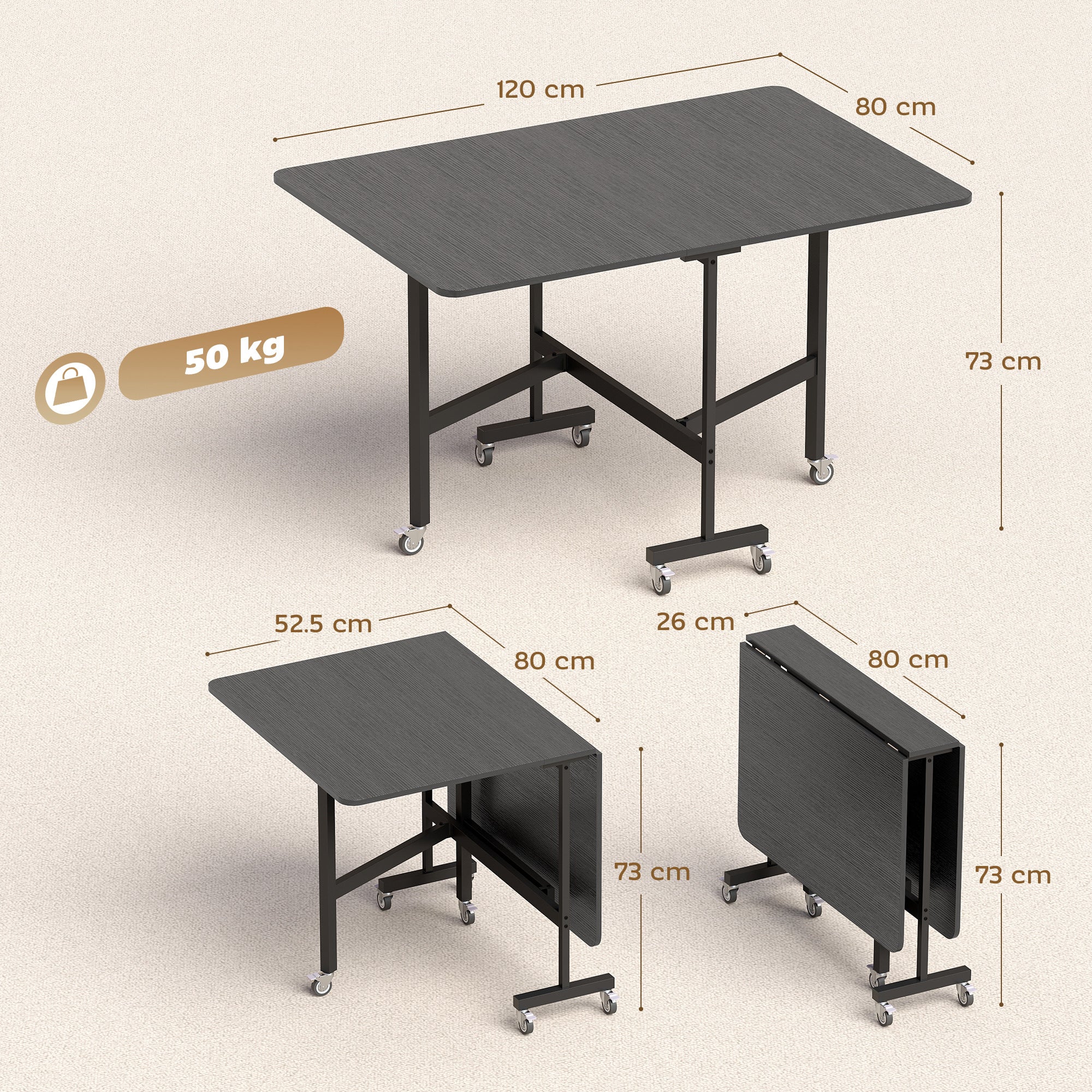 Folding Dining Table for 4–6 with Wheels & Drop Leaves, Black, 47.2×31.5×28.7 in
