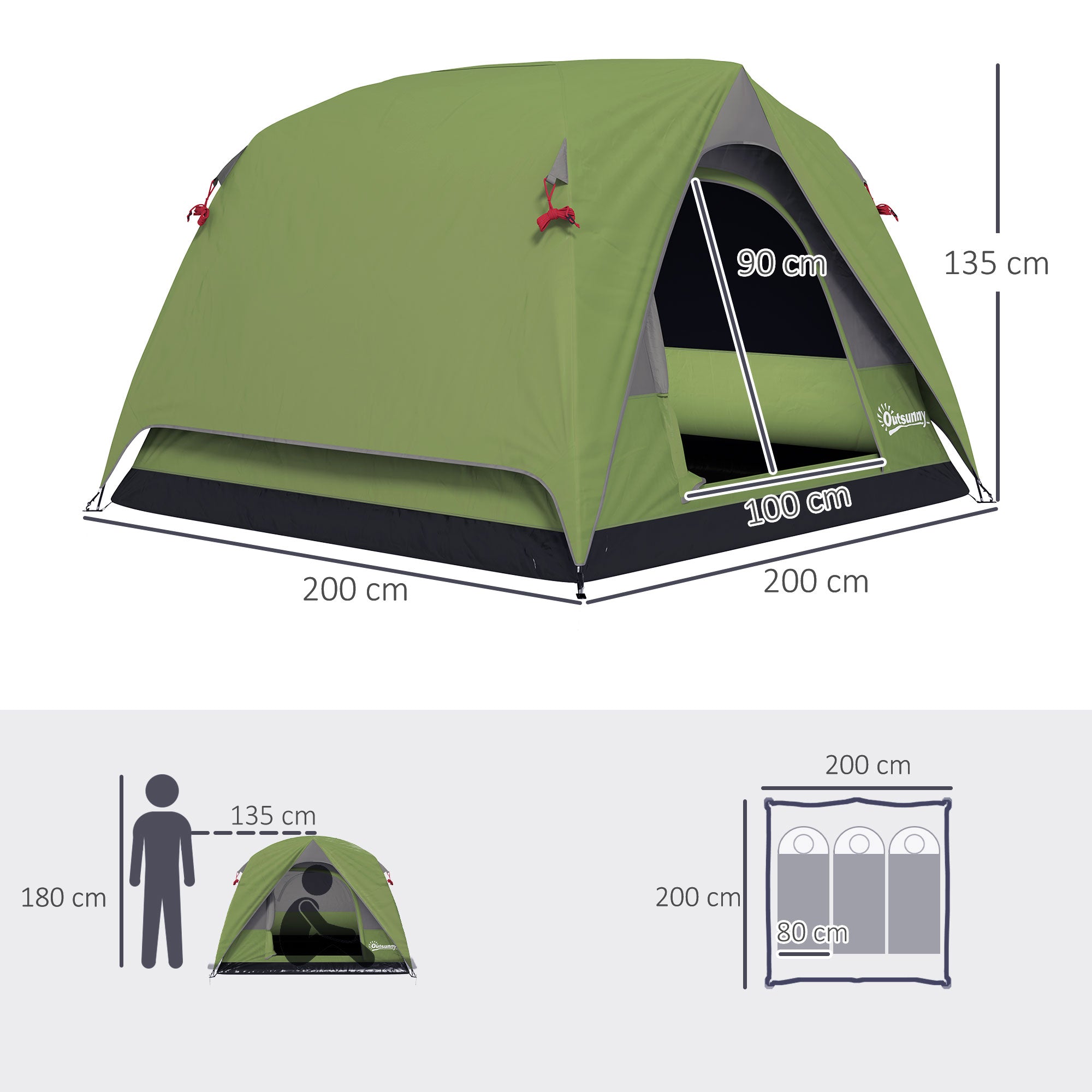 Camping Tent for 2-4 People, Waterproof Family Dome Tent, with Windows, Pocket, Carrying Bag, and Hook, for Picnics, Hiking, Trekking, Camping, Olive Green