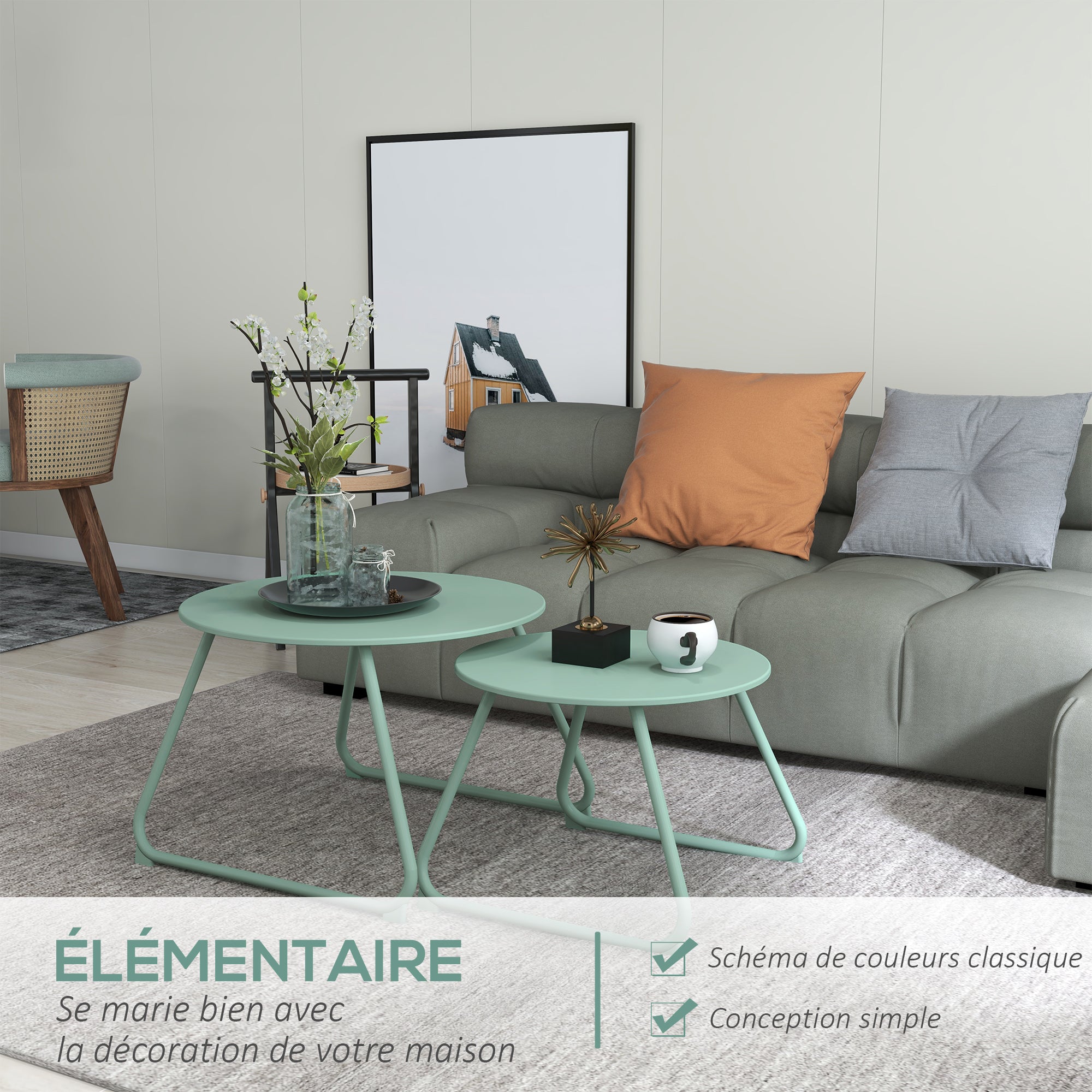 Set of 2 Stackable Round Garden Side Tables Metal Epoxy, Stable Side Table for Outdoor Ø60 and Ø48 cm, Green